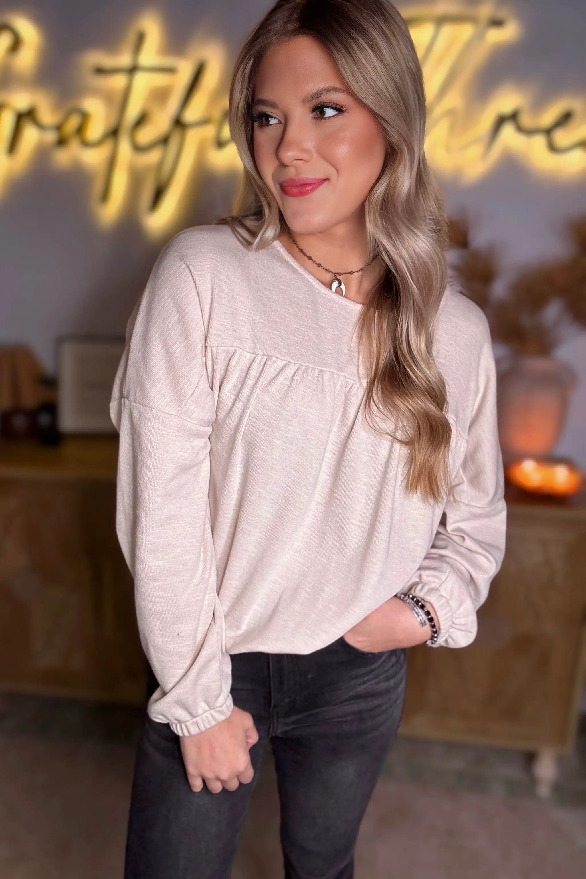 Grateful Threads Boutique Driftwood Dreams Drop Shoulder Top - Sweaters Jet Stream Textured Pleated Drop Shoulder Long Sleeve Knit Top