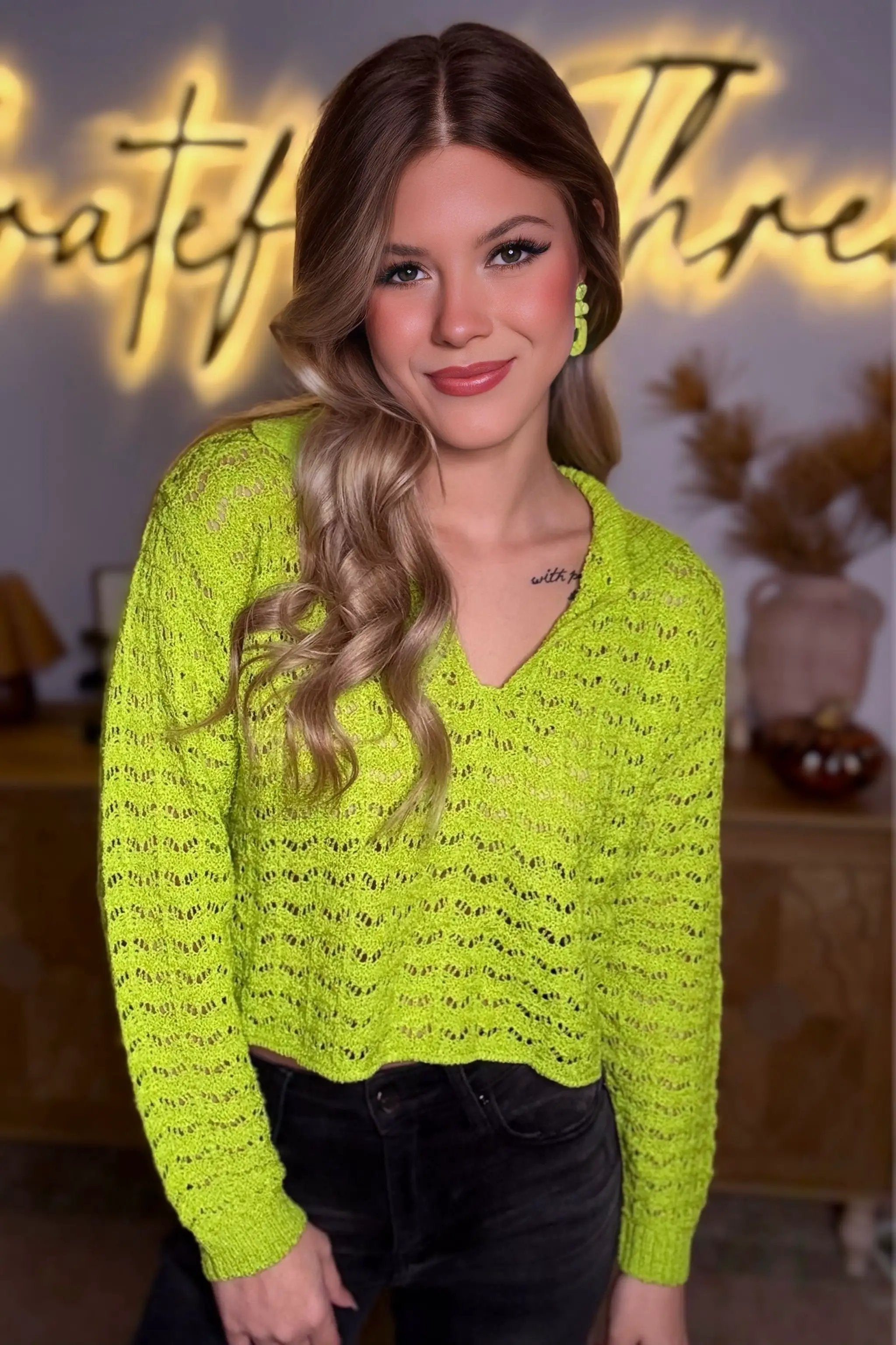 En Crème En Crème Lime Collared Long Sleeve Crochet Top - Clothing Tops