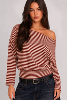 VERY J NT12991 off-shoulder stripe top in red/cream, sizes S-M-L