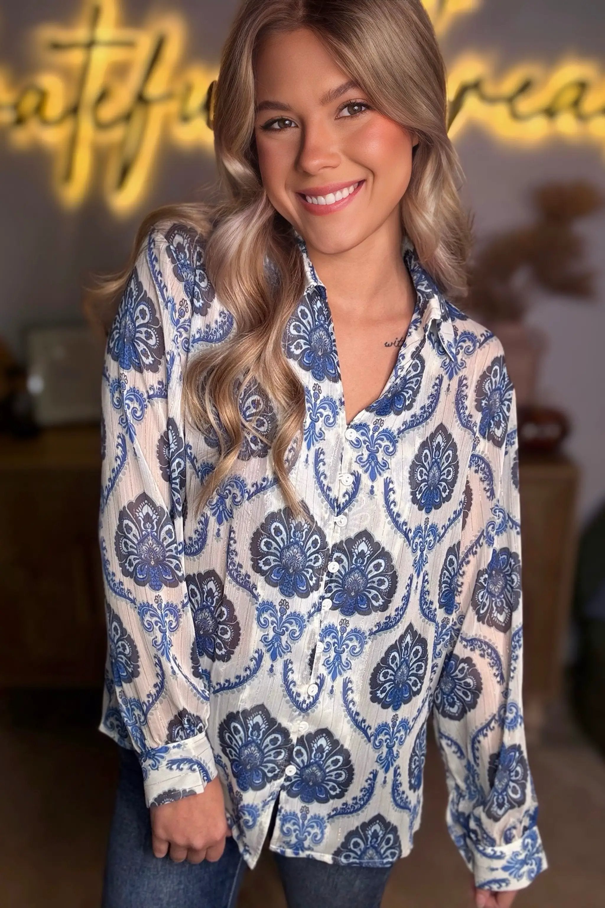 Grateful Threads Boutique Indigo Medallion Boho Button-Down Blouse - Blouses Blue Tribal Pattern Buttoned Front Loose Shirt