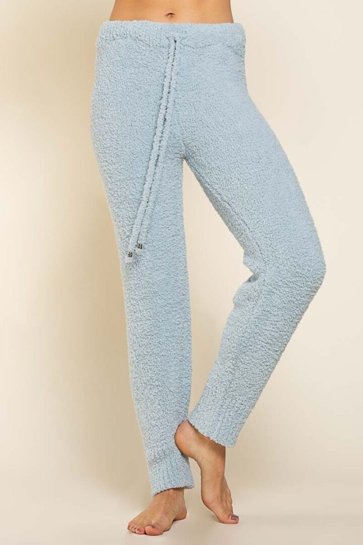 Light blue fuzzy drawstring sweatpants.