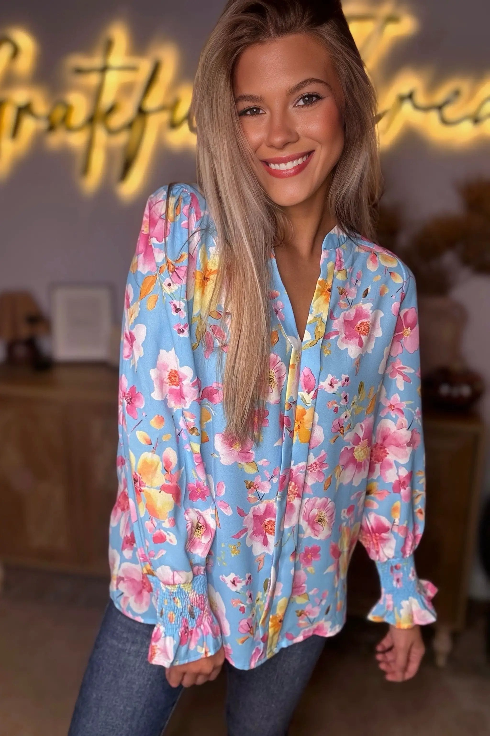 Grateful Threads Boutique Sky Blue Floral Smocked Cuff Flounce Sleeve V Neck Blouse - Blouses Sky Blue Floral Smocked Cuff Flounce Sleeve V Neck Blouse
