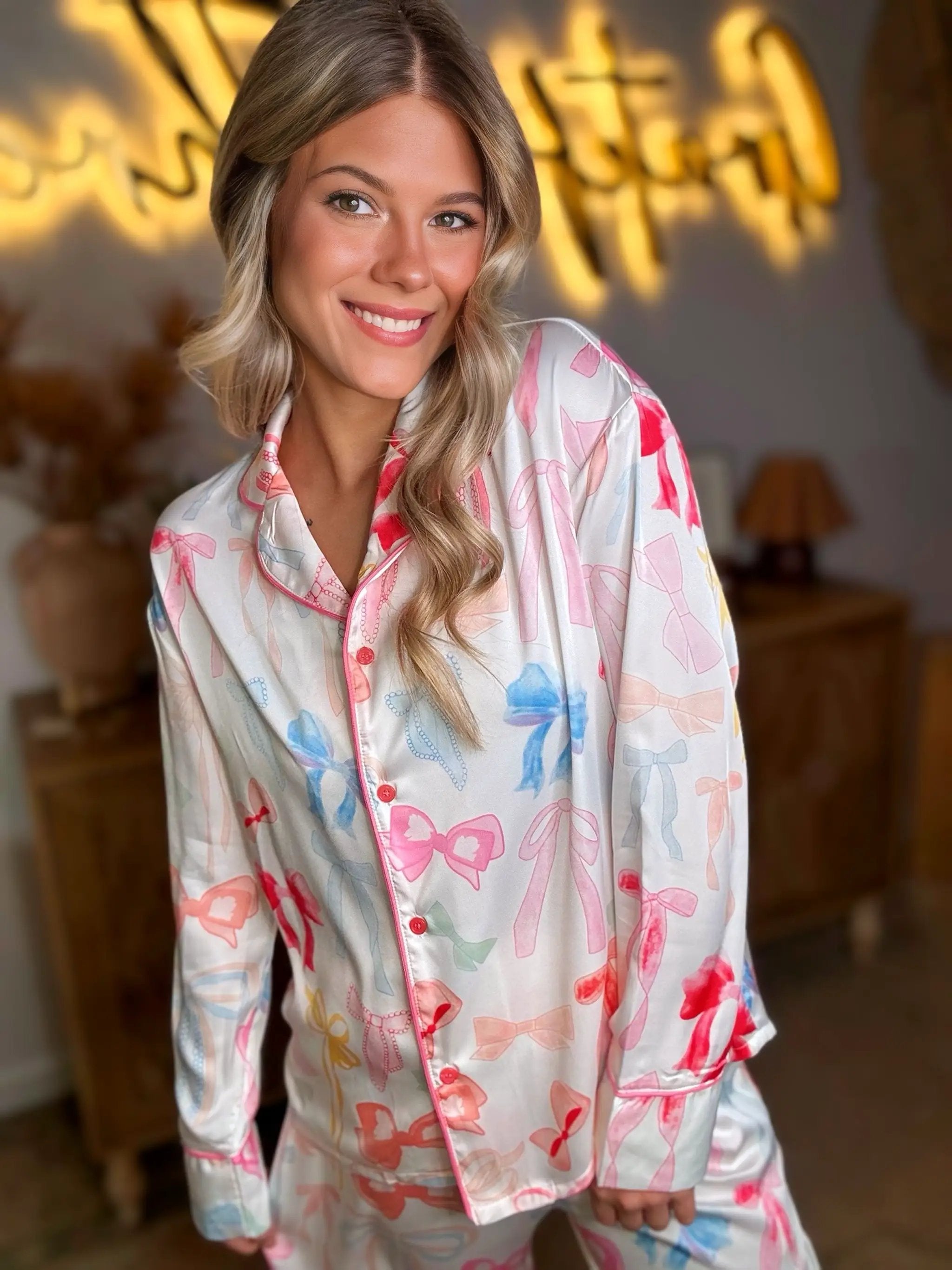 Grateful Threads Boutique White Bow Knot Print Lapel Pajama Set – Chic & Cozy Sleepwear - Pajamas