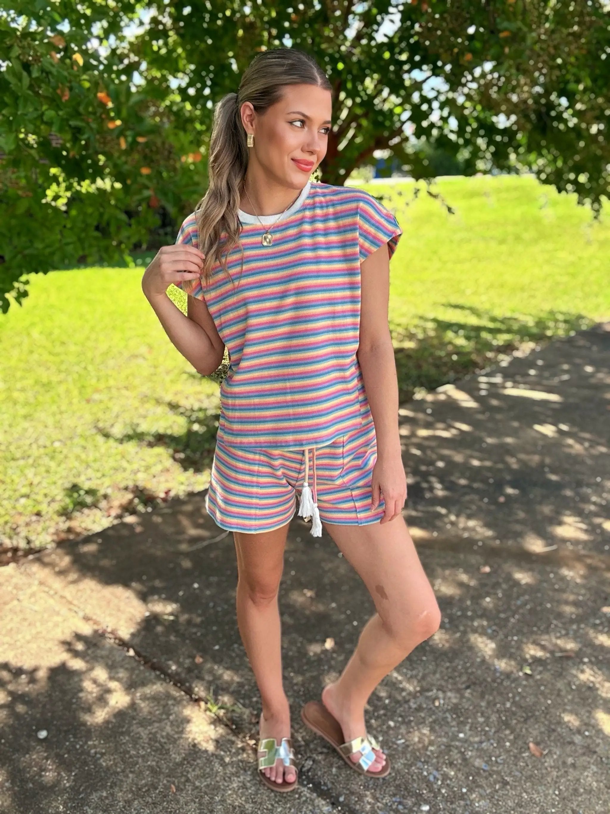 Grateful Threads Boutique Summer Stripes Lounge Set – Tee & Tassel Shorts - Outfit Sets