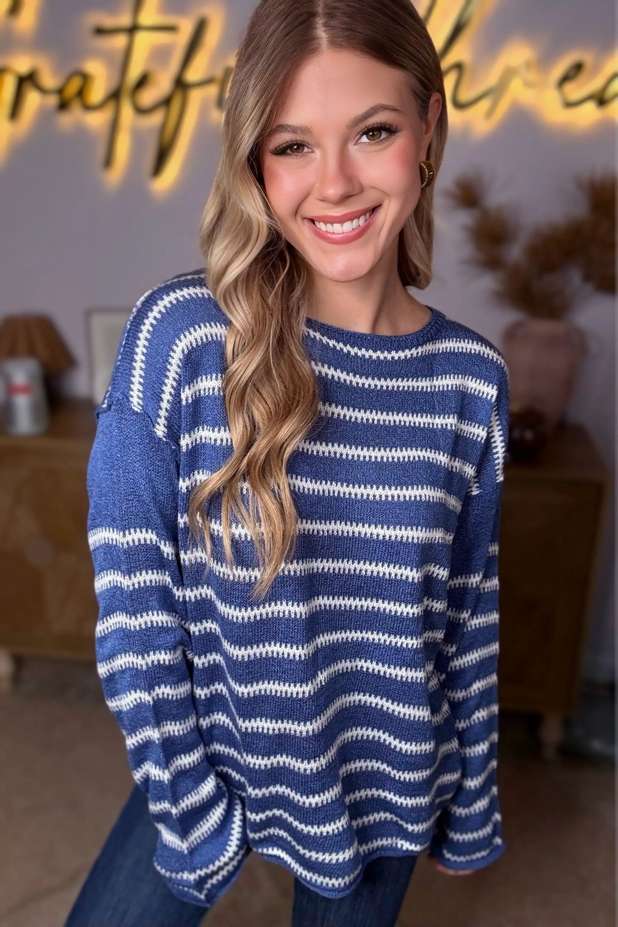 Grateful Threads Boutique Blue Striped Drop Shoulder Sweater - Shirts