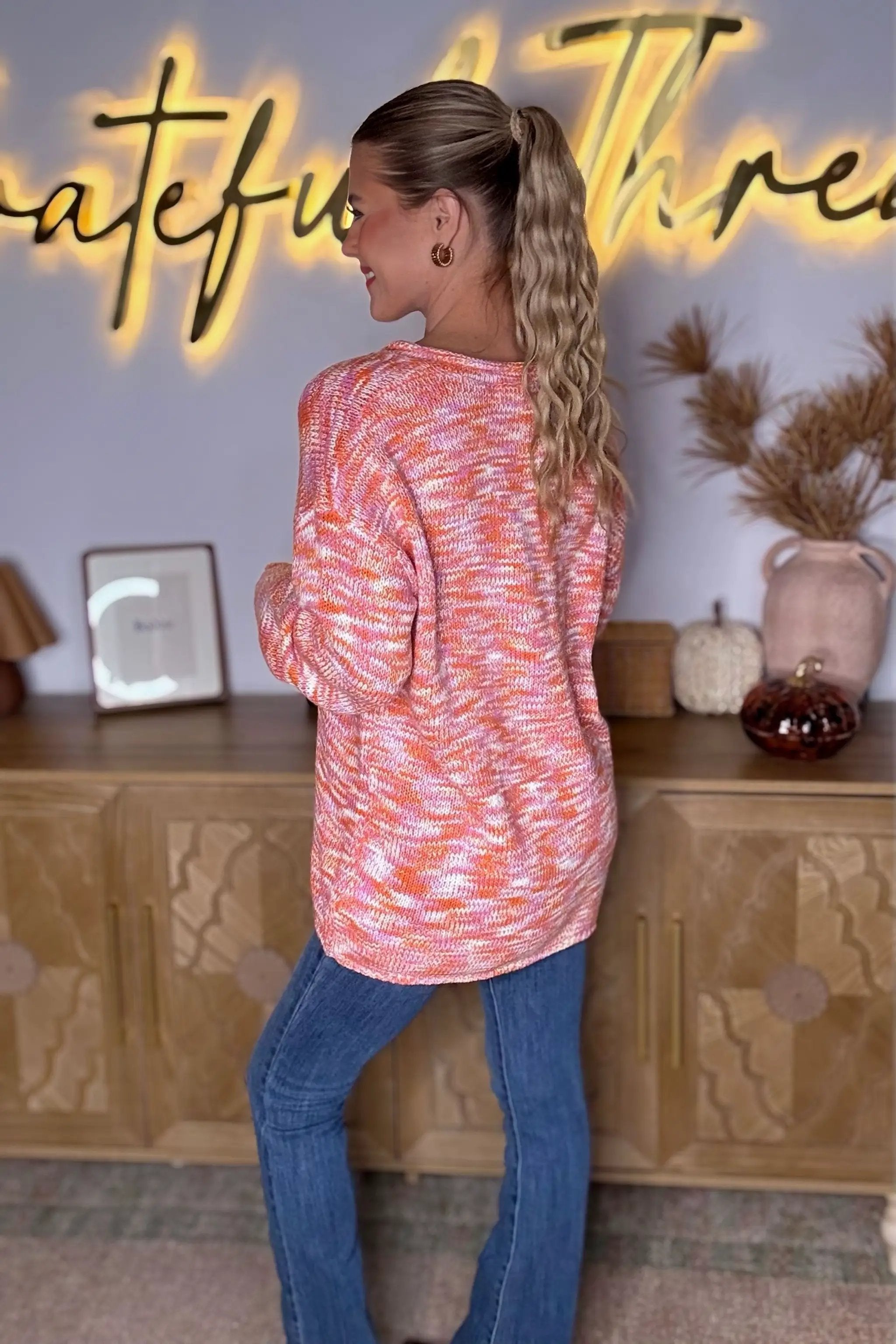 Grateful Threads Boutique Orange Vibrant Print Drop Shoulder V-Neck Oversized Sweater - Sweaters Orange Vibrant Print Drop Shoulder V Neck Oversized Sweater