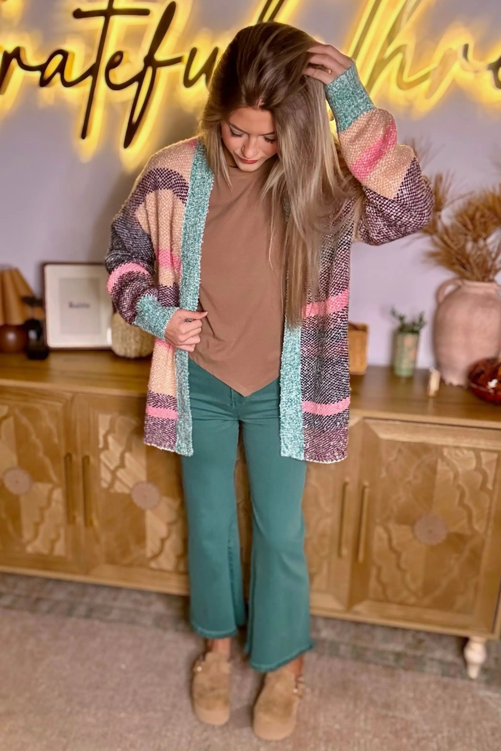 Grateful Threads Boutique Multicolor Color Block Striped Side Slit Open Front Cardigan - Cardigans Multicolor Color Block Striped Side Slit Open Front Cardigan