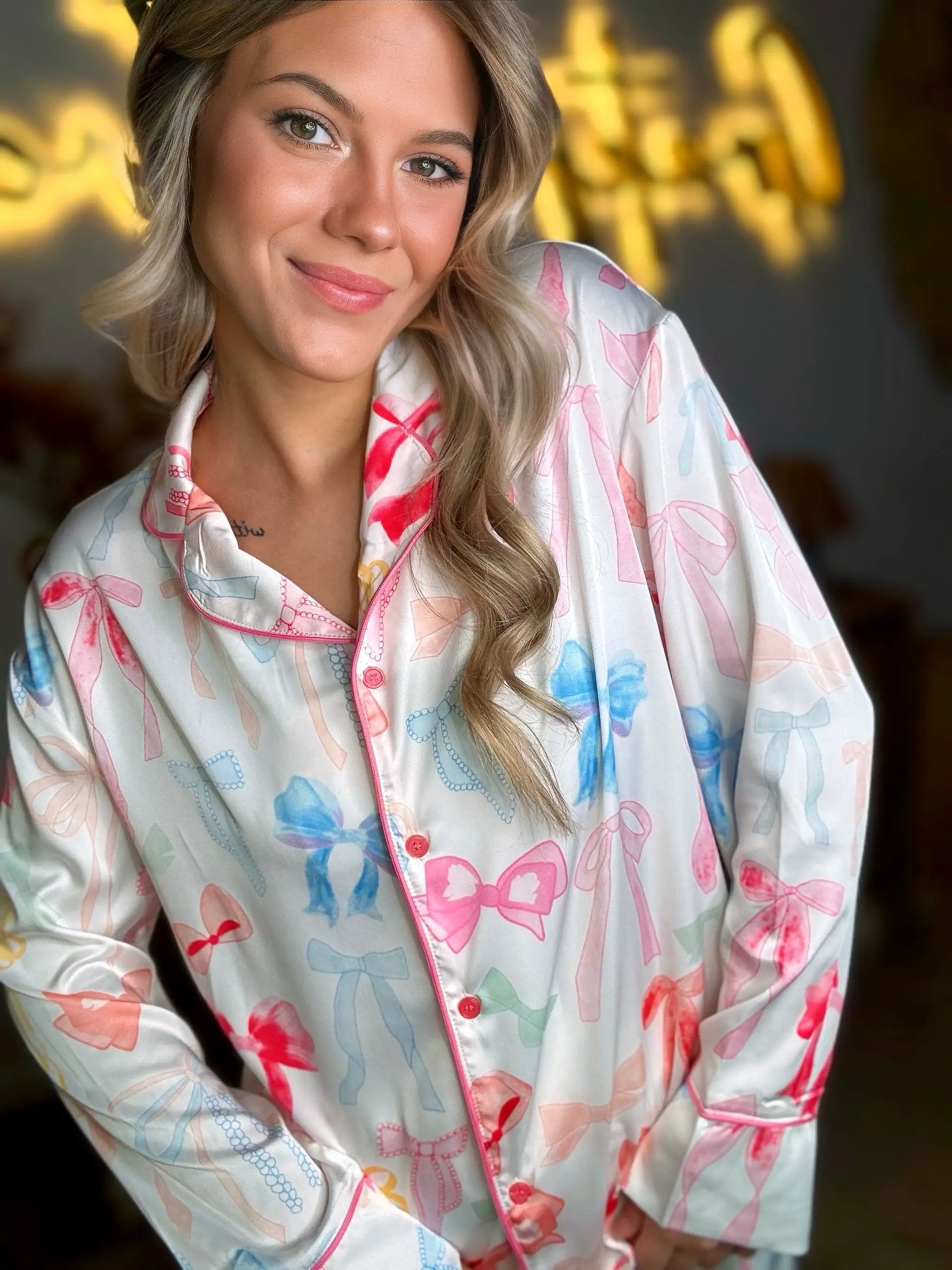 Grateful Threads Boutique White Bow Knot Print Lapel Pajama Set – Chic & Cozy Sleepwear - Pajamas