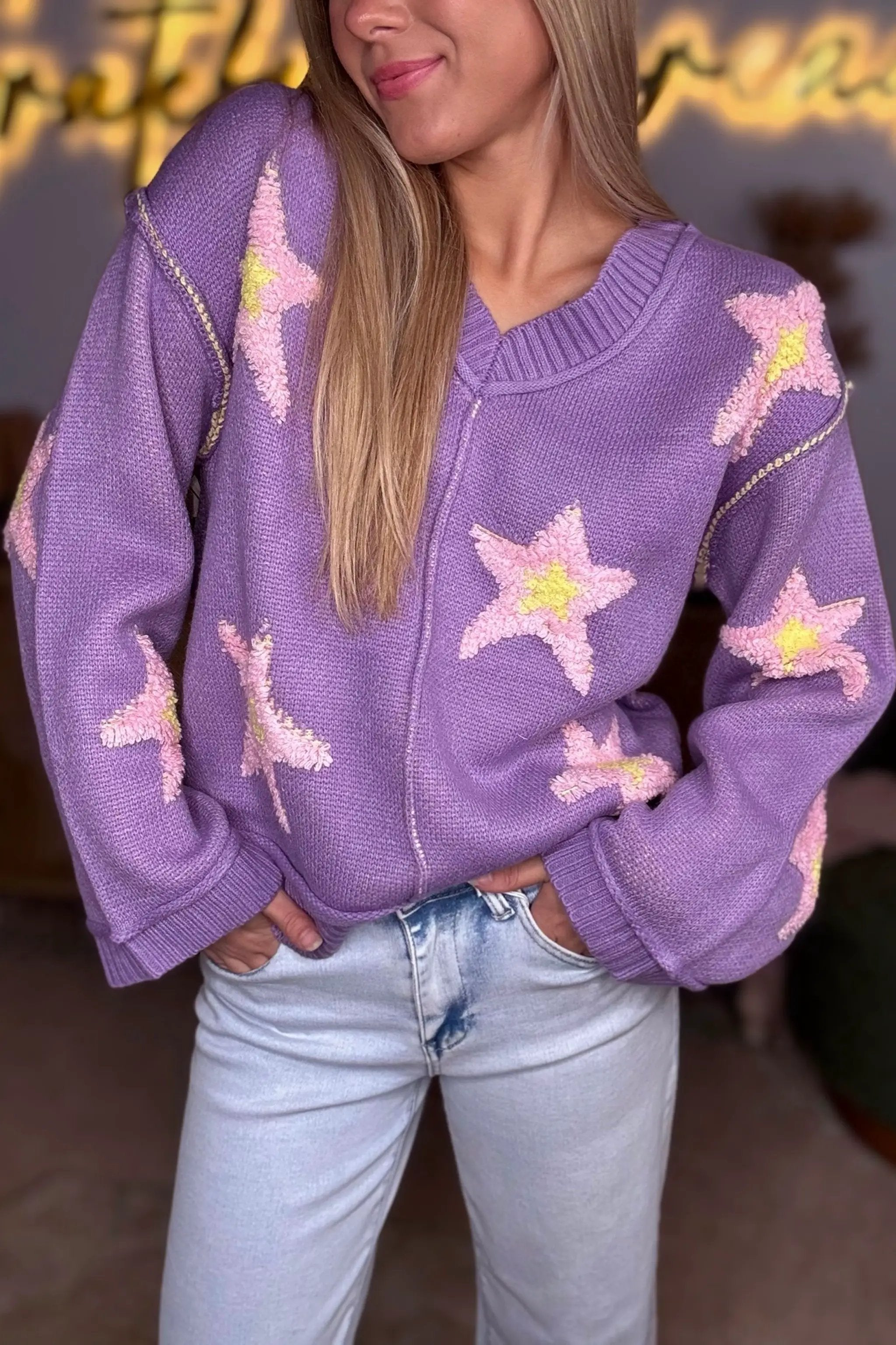 Grateful Threads Boutique Lavender Brushed Star Graphic V-Neck Drop Shoulder Oversize Sweater - Sweaters Lavender Brushed Star Graphic V-Neck Drop Shoulder Oversize Sweater