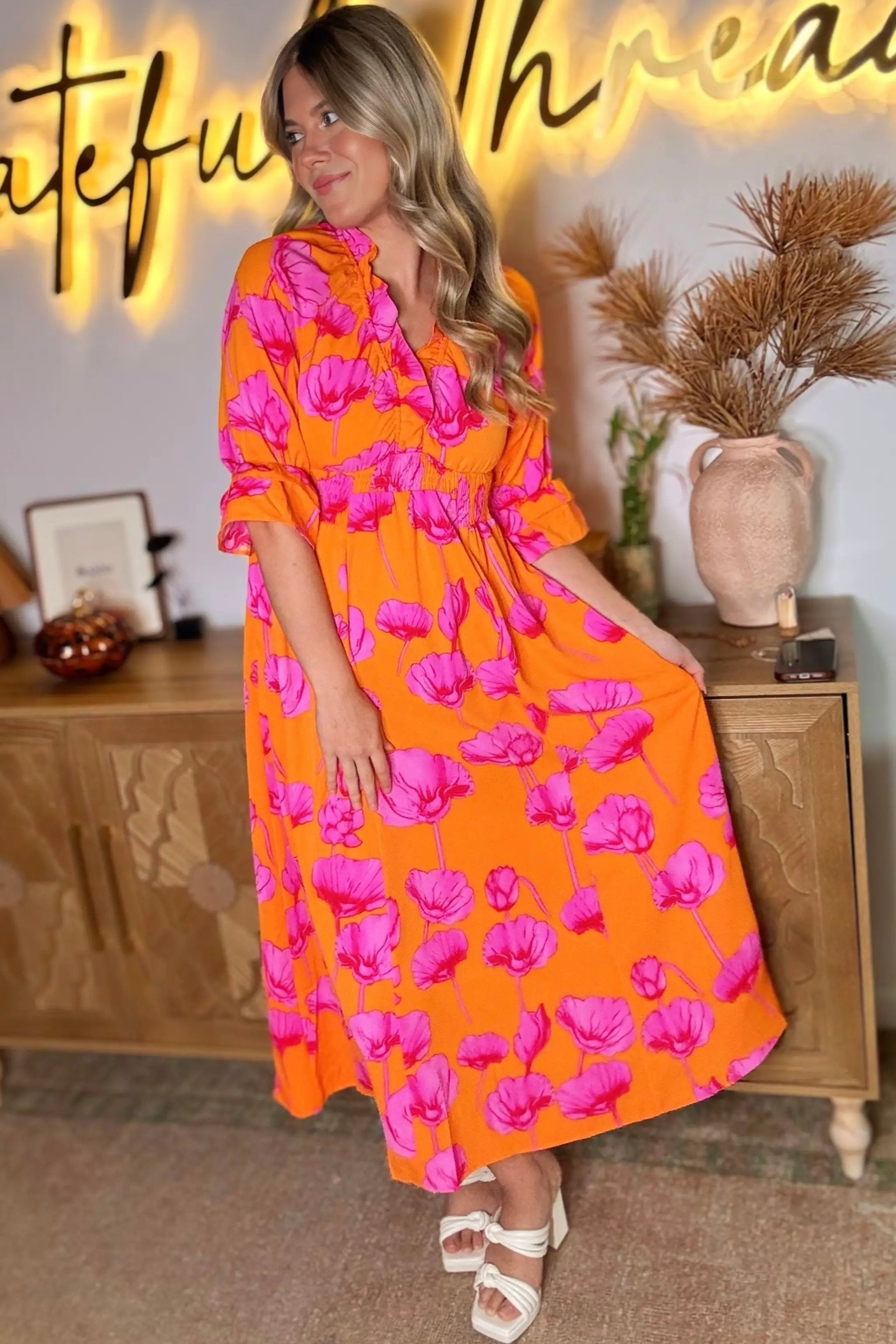 Grateful Threads Boutique Orange Floral Print Frilly Smocked V Neck 3/4 Sleeve Long Dress - Dresses Orange Floral Print Frilly Smocked V Neck 3/4 Sleeve Long Dress