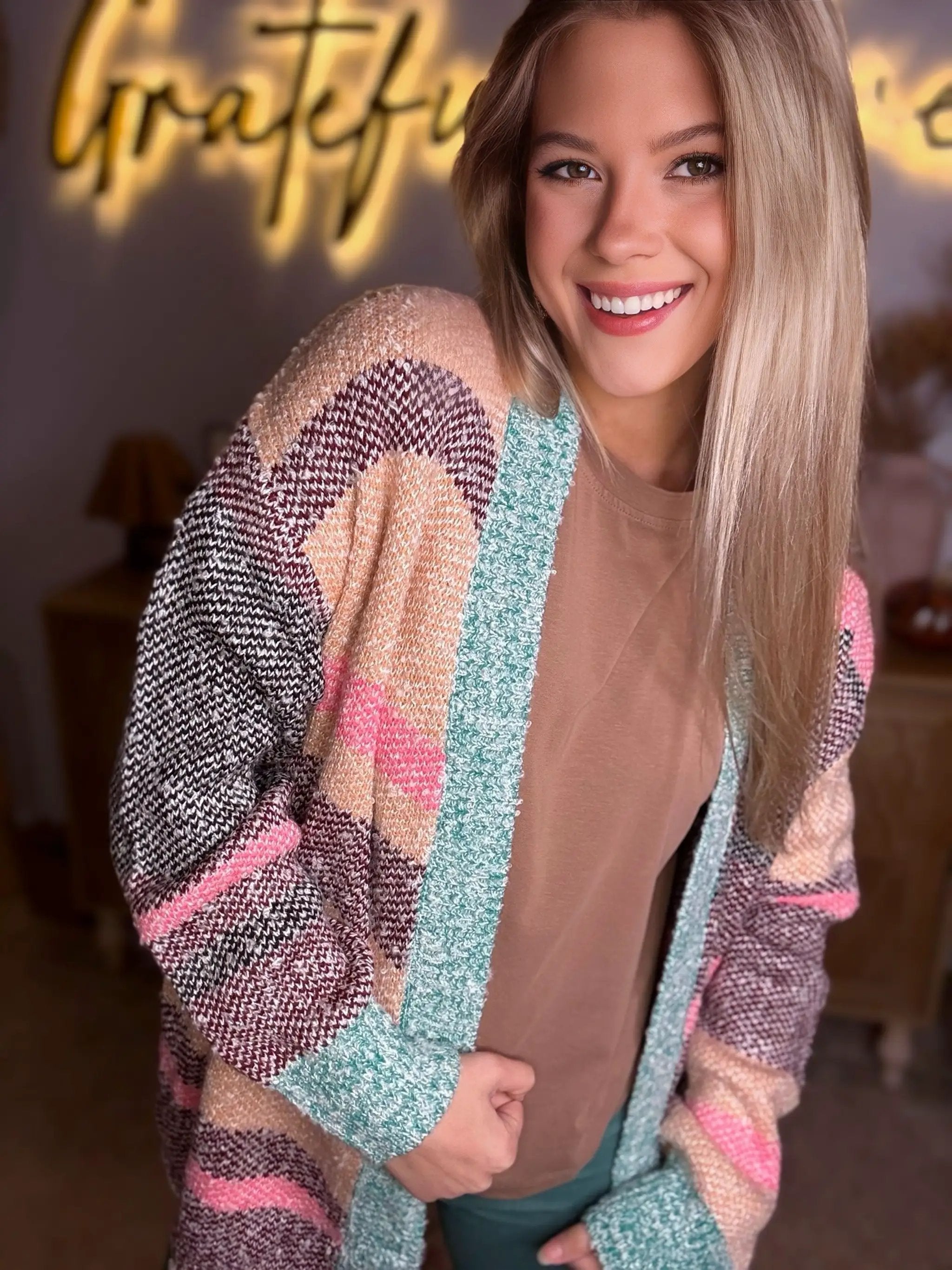 Grateful Threads Boutique Multicolor Color Block Striped Side Slit Open Front Cardigan - Cardigans Multicolor Color Block Striped Side Slit Open Front Cardigan