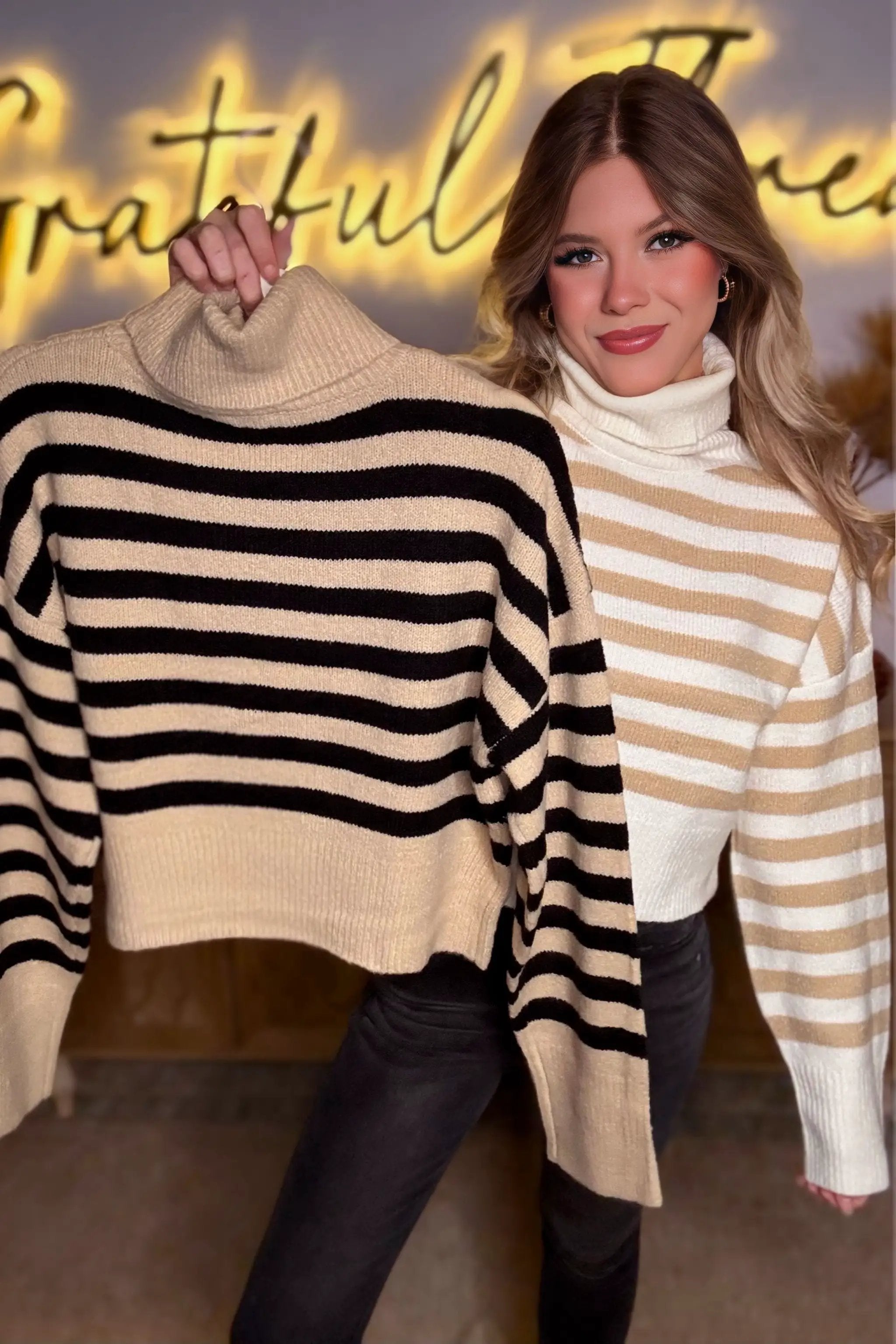 HYFVE HYFIVE Neutral Hour Striped Turtleneck Sweater - Sweaters