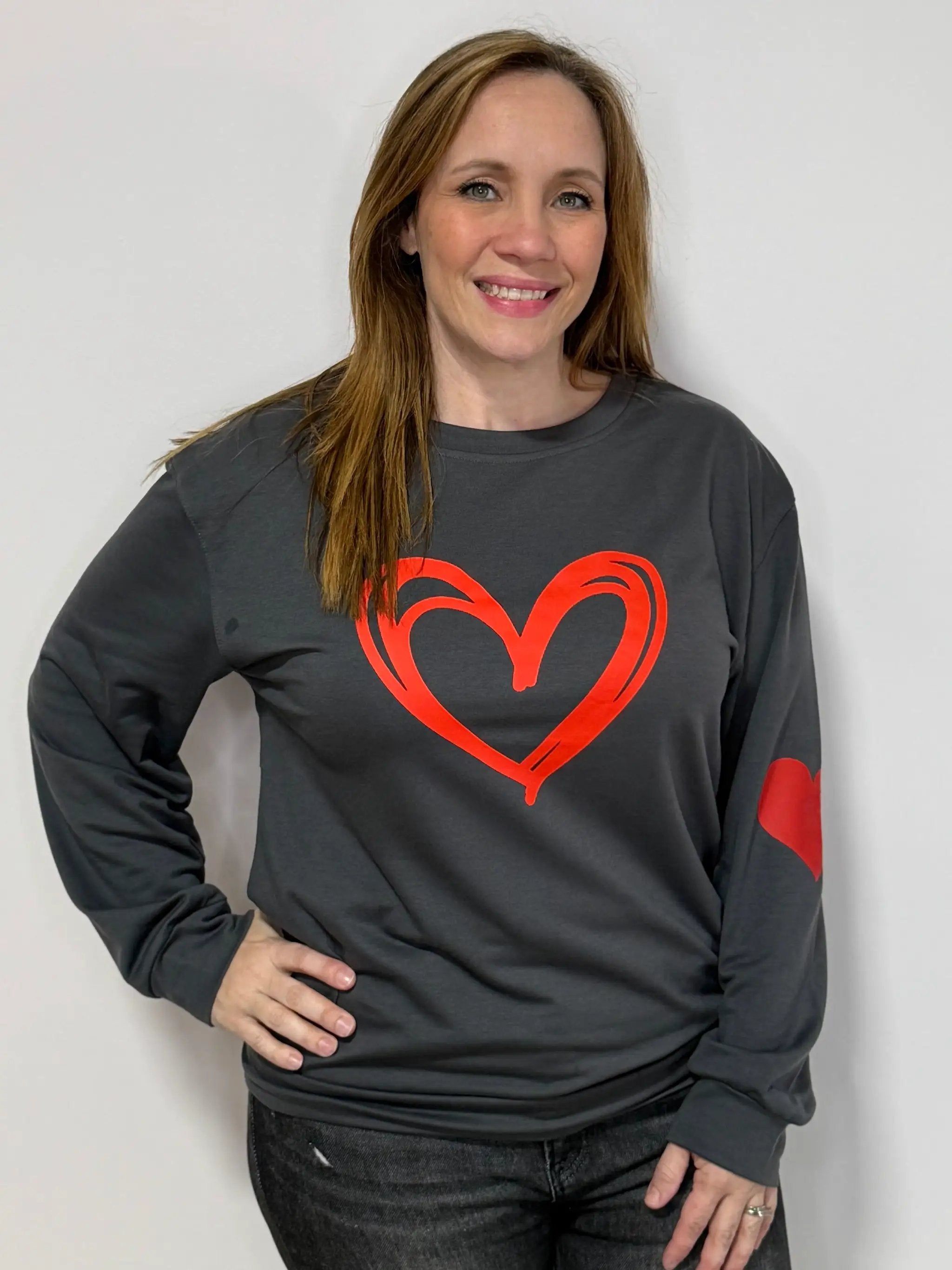 Grateful Threads Boutique Heartfelt Everyday Love Sweatshirt – Charcoal with Red Heart - Sweatshirts