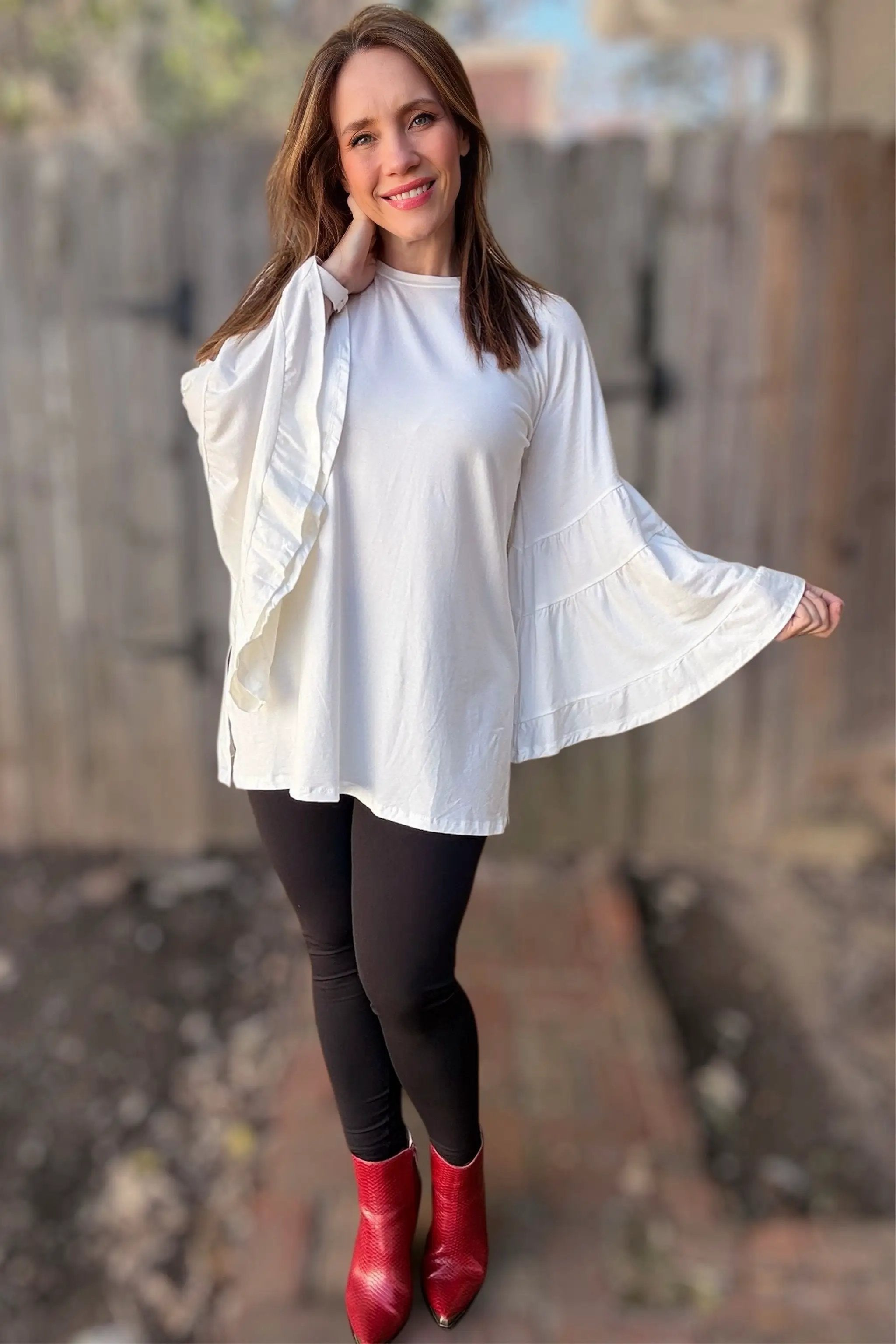 Three Bird Nest Three Bird Nest - Bell Sleeve Baseball Tee - White - Blouses tops-blouses
