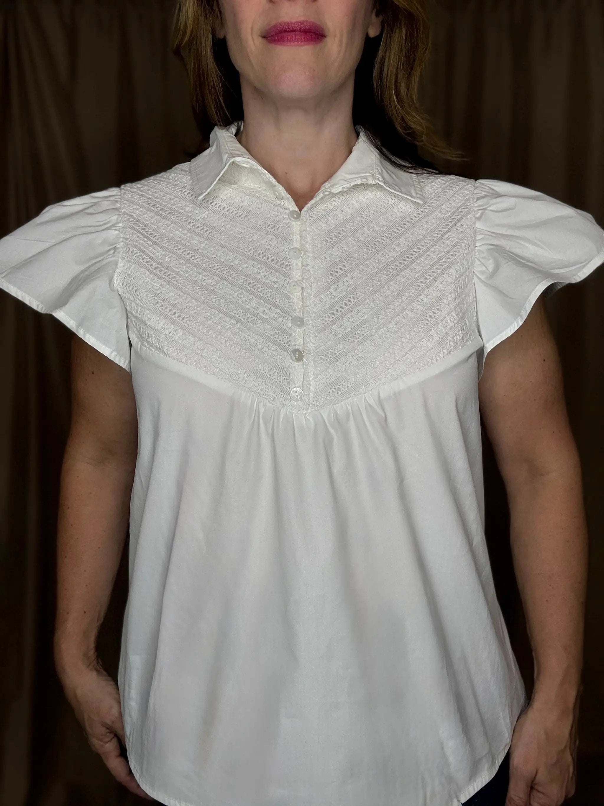 Grateful Threads Boutique White Half Button Lace Patchwork Flutter Sleeve Blouse - Blouses White lace flutter sleeve top