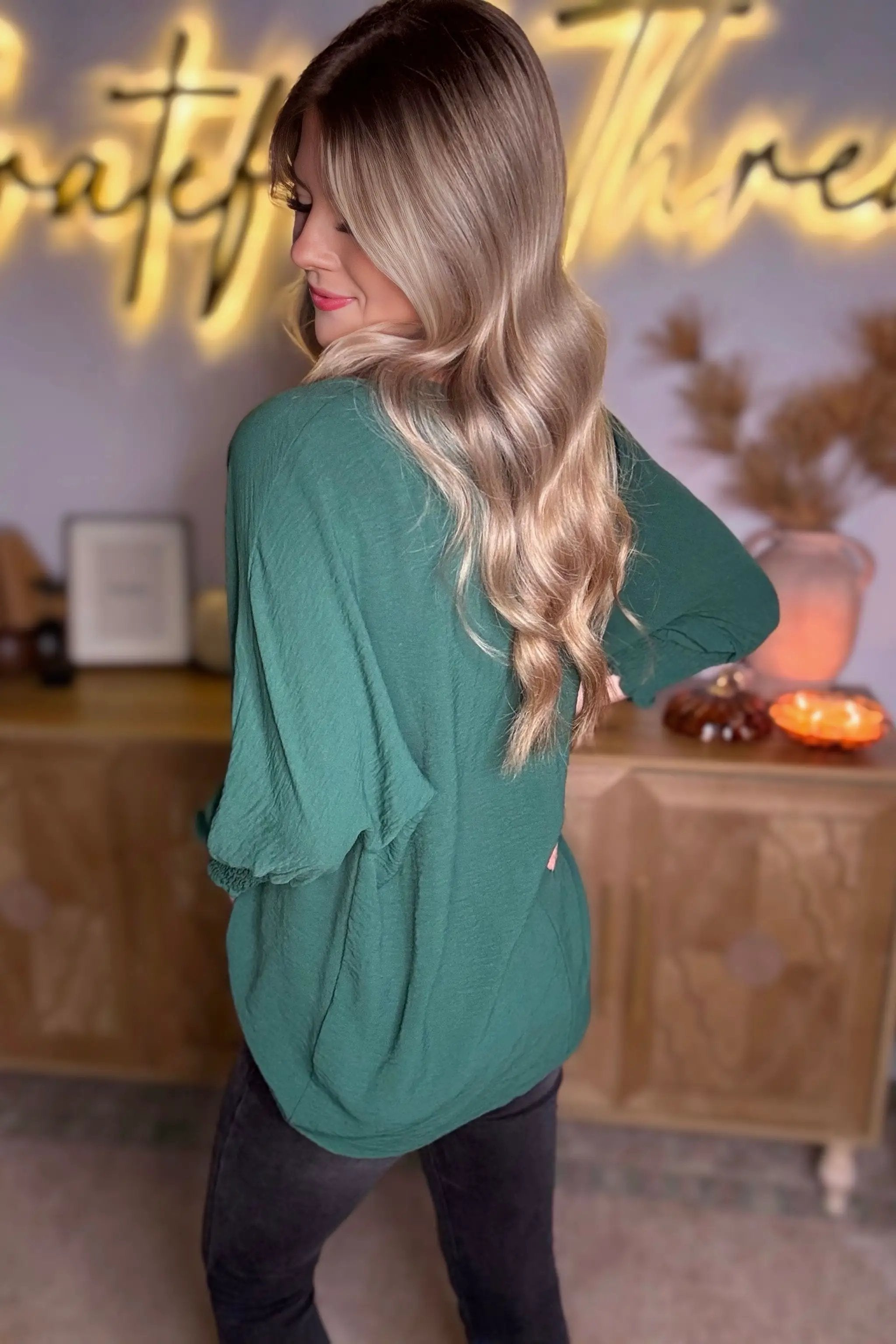 Grateful Threads Boutique Emerald Ease Smocked Cuff Blouse - Blouses Green Smocked Wrist Shift Top