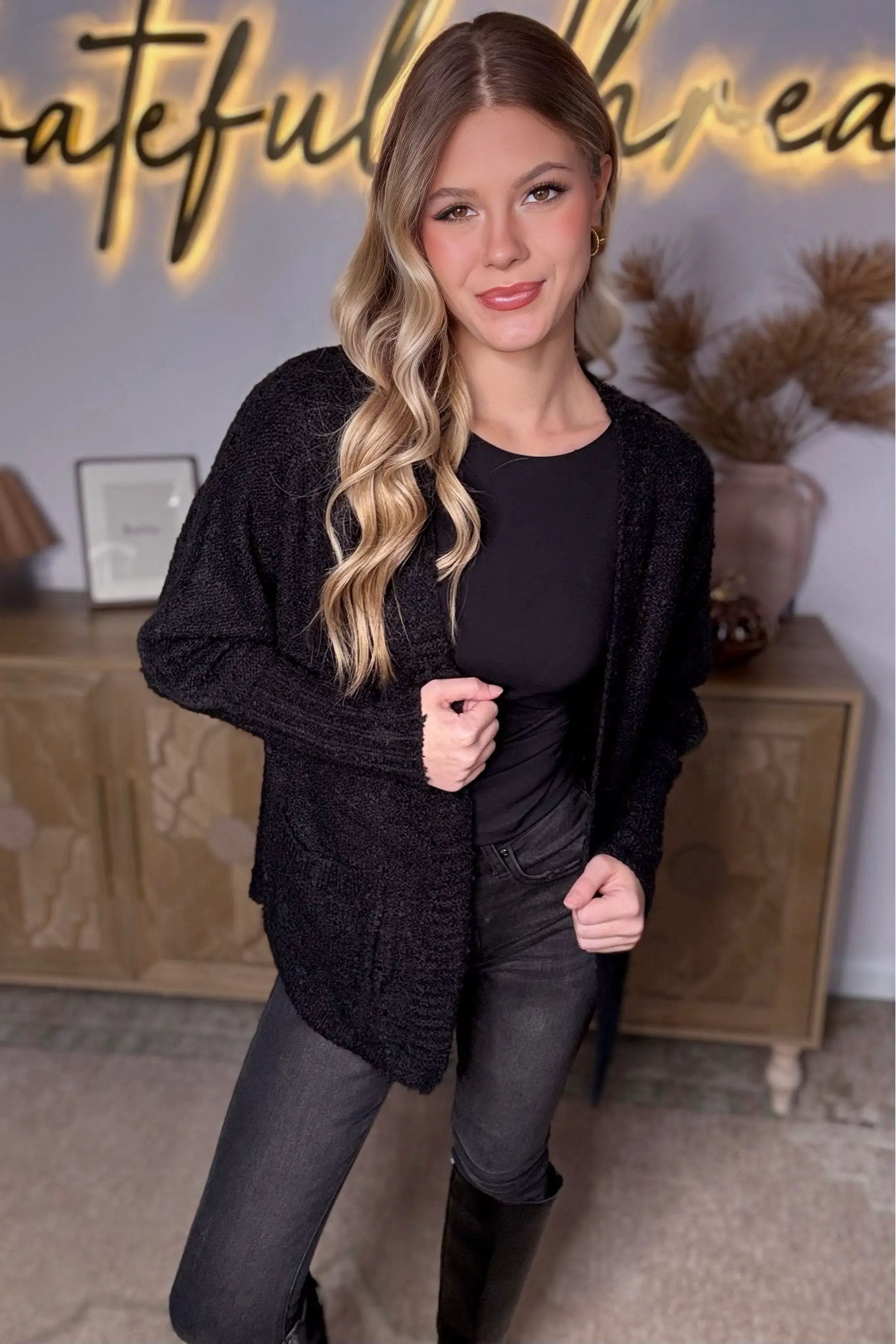 New In Knit Textured Two Pocket Open Front Cardigan - Cardigans