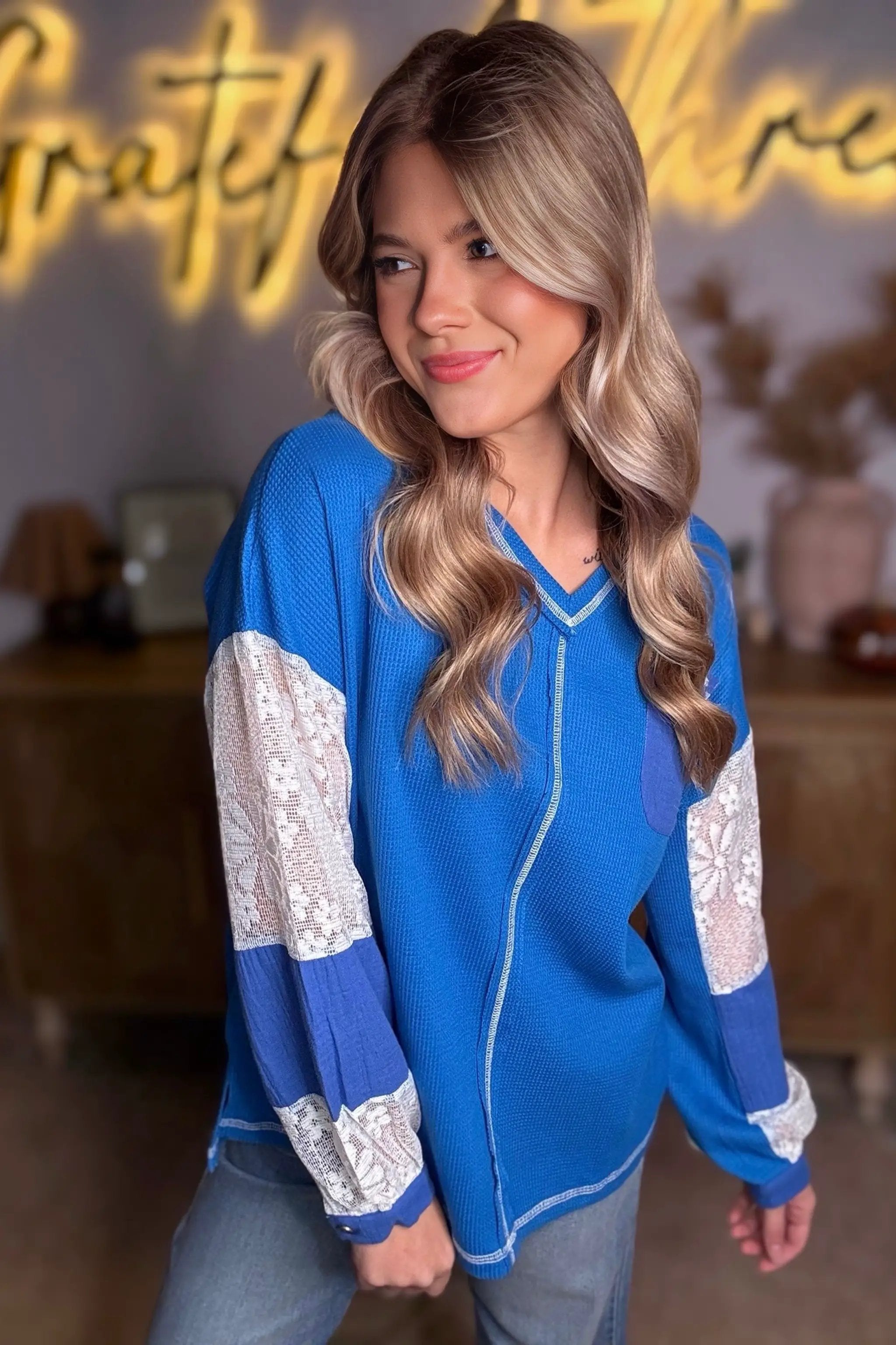 Grateful Threads Boutique Sky Blue Lace Floral Patchwork Sleeve Stitching V Neck Rib Knit Blouse - Blouses Sky Blue Lace Floral Patchwork Sleeve Stitching V Neck Rib Knit Blouse