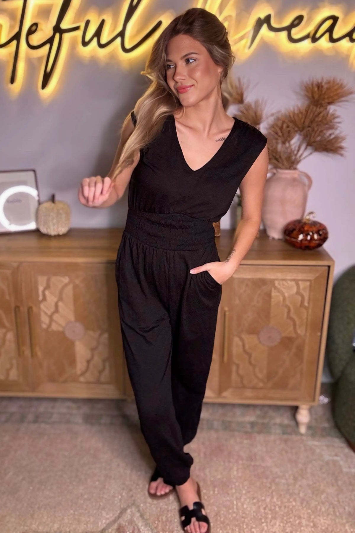 Grateful Threads Boutique Black Shirred High Waist Sleeveless V-Neck Jumpsuit - One-Pieces Black Shirred High Waist Sleeveless V Neck Jumpsuit