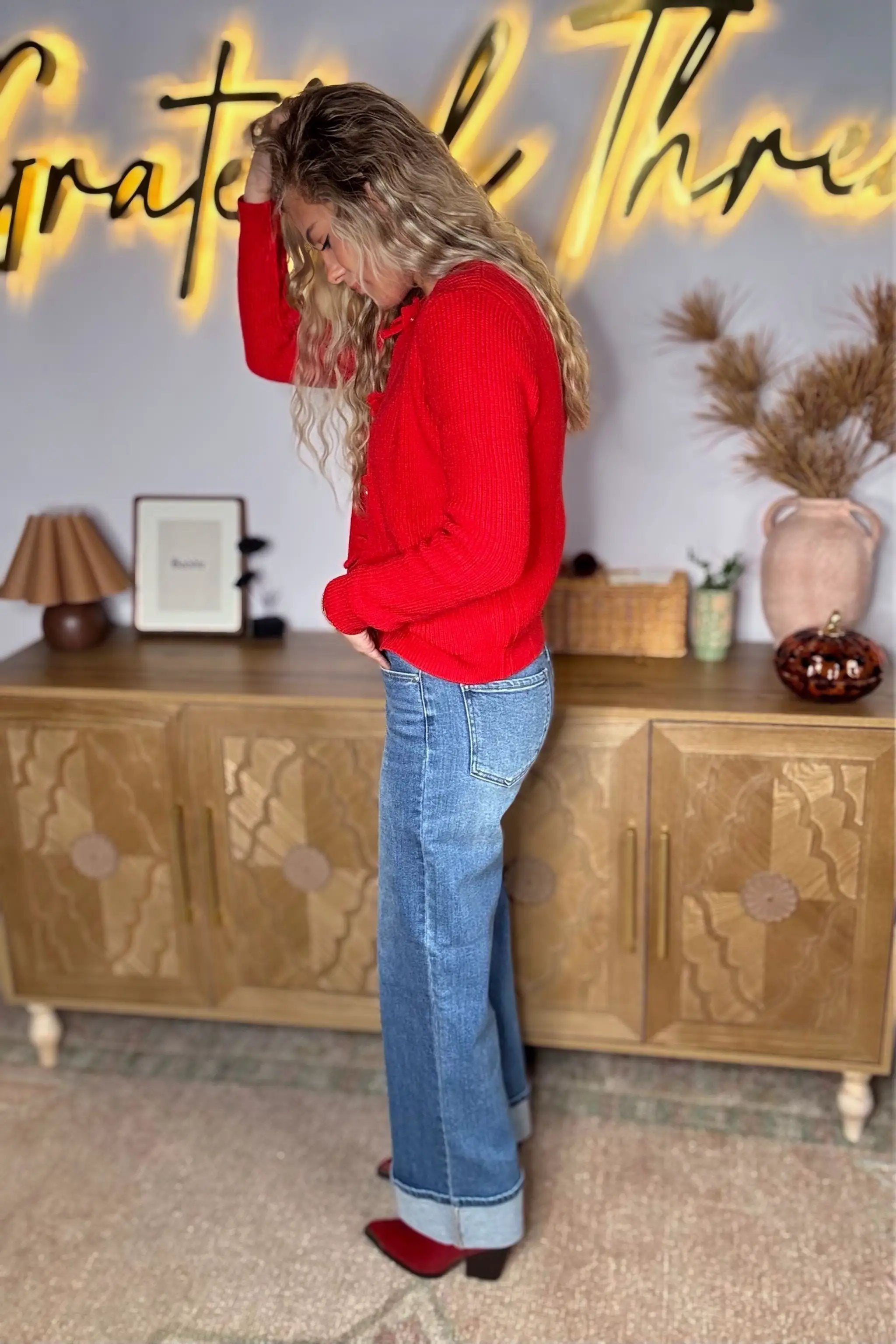 Grateful Threads Boutique Fiery Red Knit Bow Cardigan - Sweaters