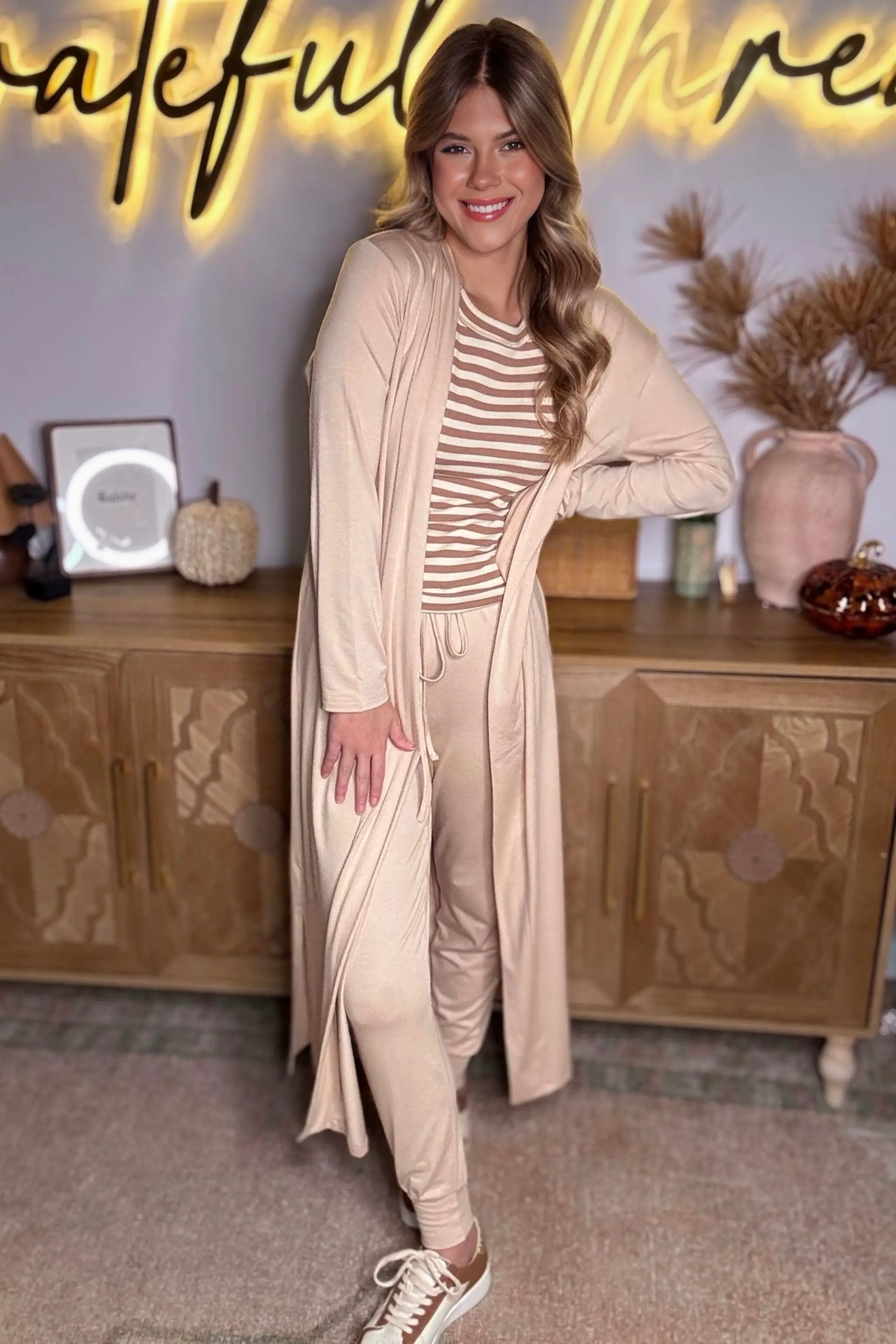 Grateful Threads Boutique Parchment Split Long Cardigan and Skinny Pants Lounge Set - Loungewear