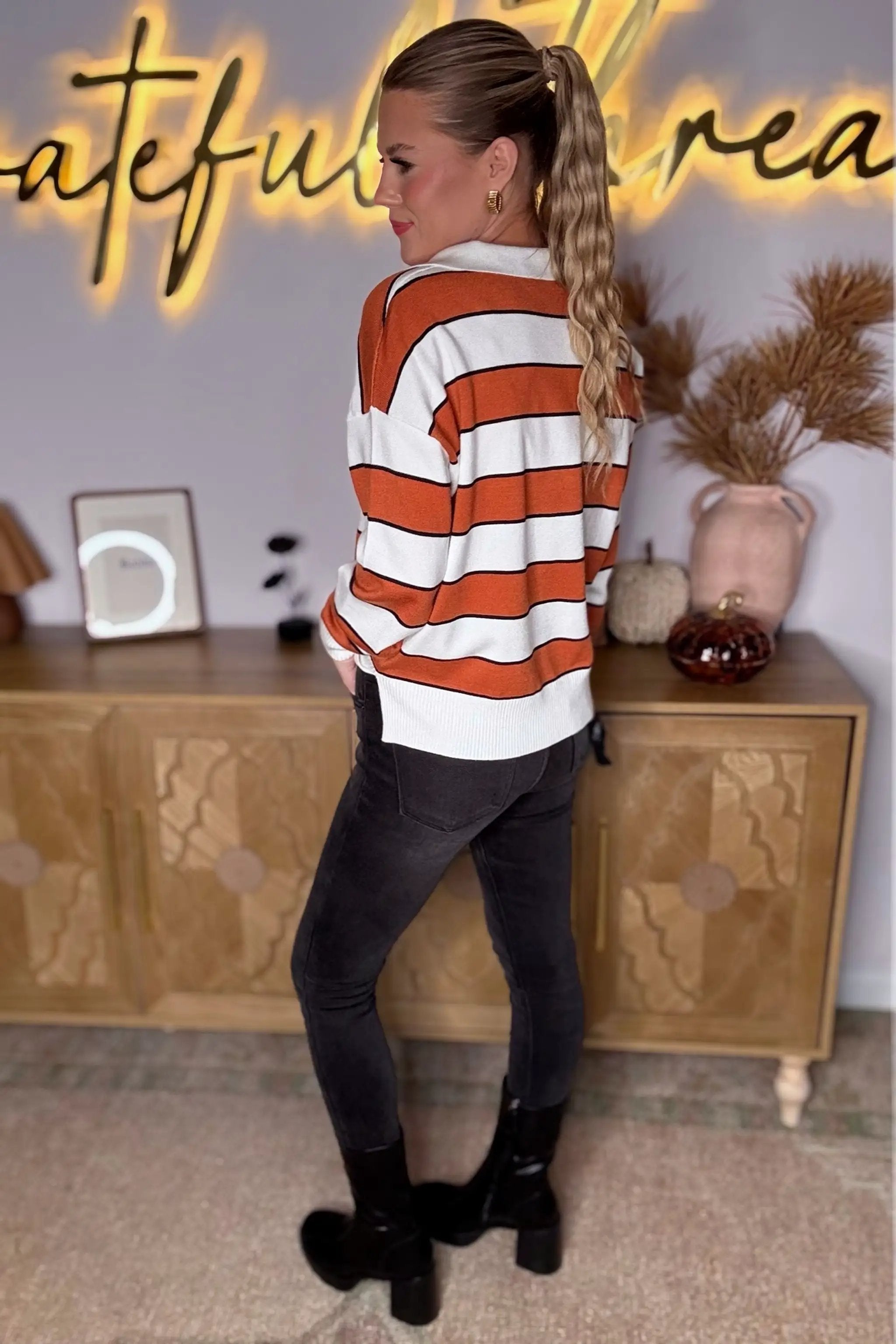 Grateful Threads Boutique Brown Stripe Ribbed Polo Collar Drop Shoulder Sweater - Sweaters Brown Stripe Ribbed Polo Collar Drop Shoulder Sweater