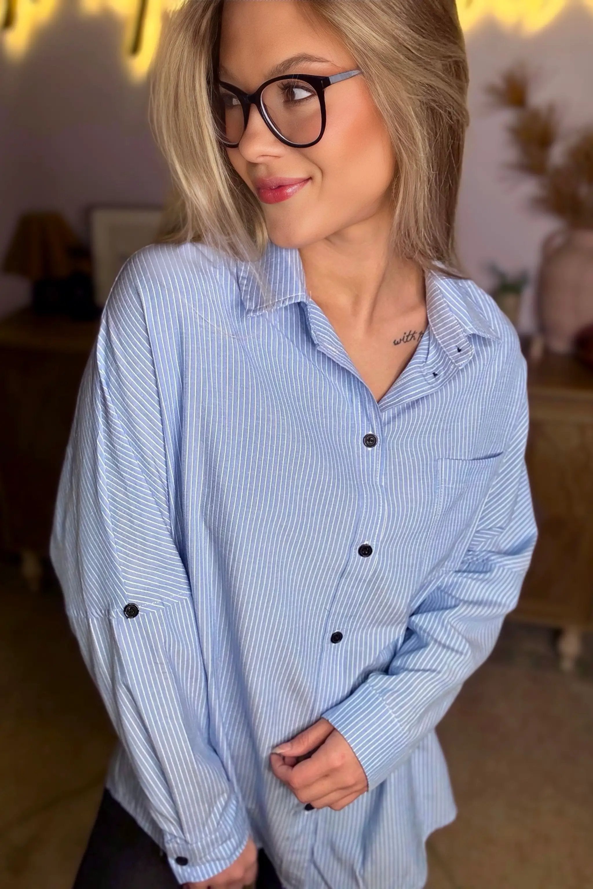 Grateful Threads Boutique Sky Blue Stripe Roll-tab Sleeve Pocketed Long Shirt - Shirts Sky Blue Stripe Roll-tab Sleeve Pocketed Long Shirt