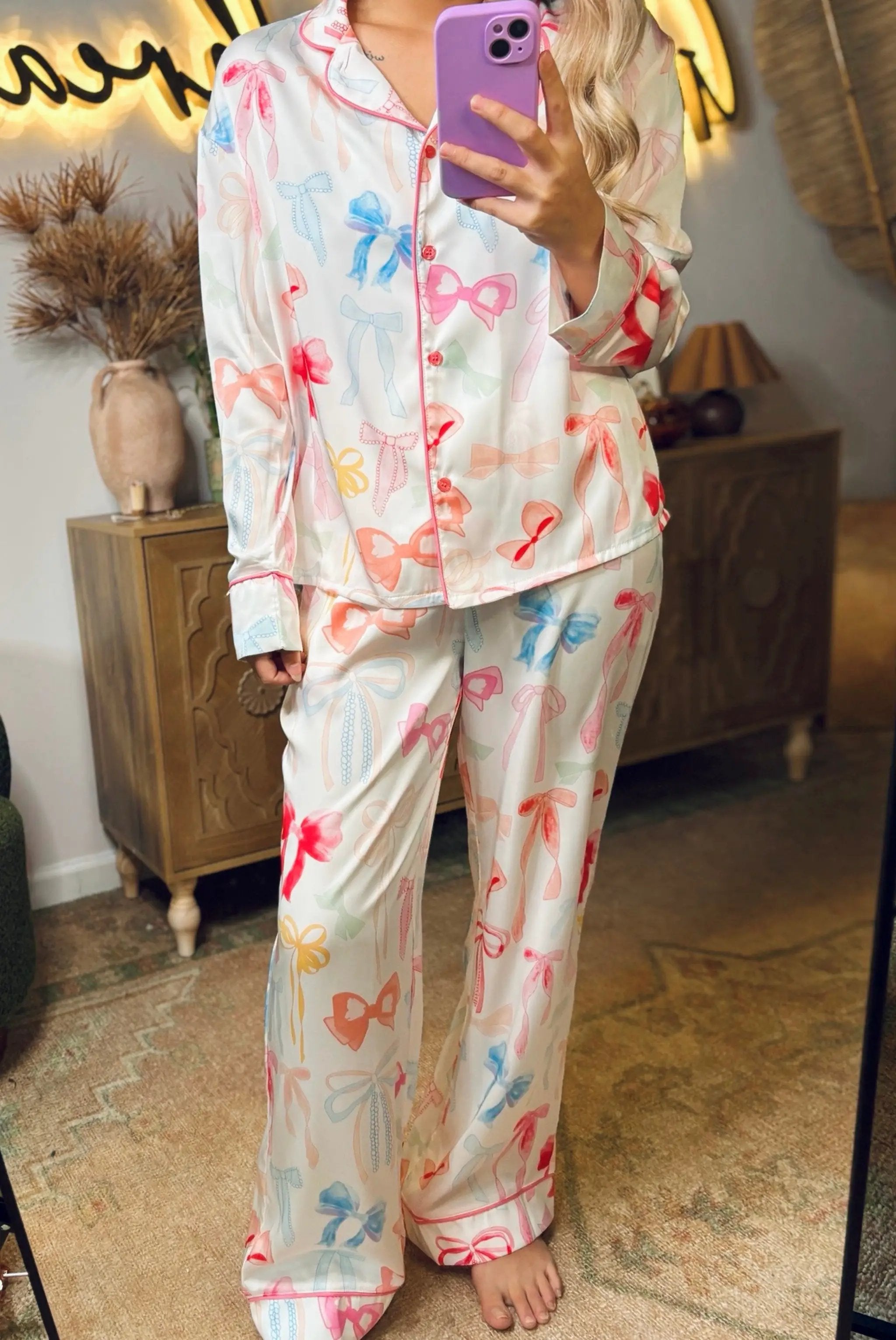 Grateful Threads Boutique White Bow Knot Print Lapel Pajama Set – Chic & Cozy Sleepwear - Pajamas