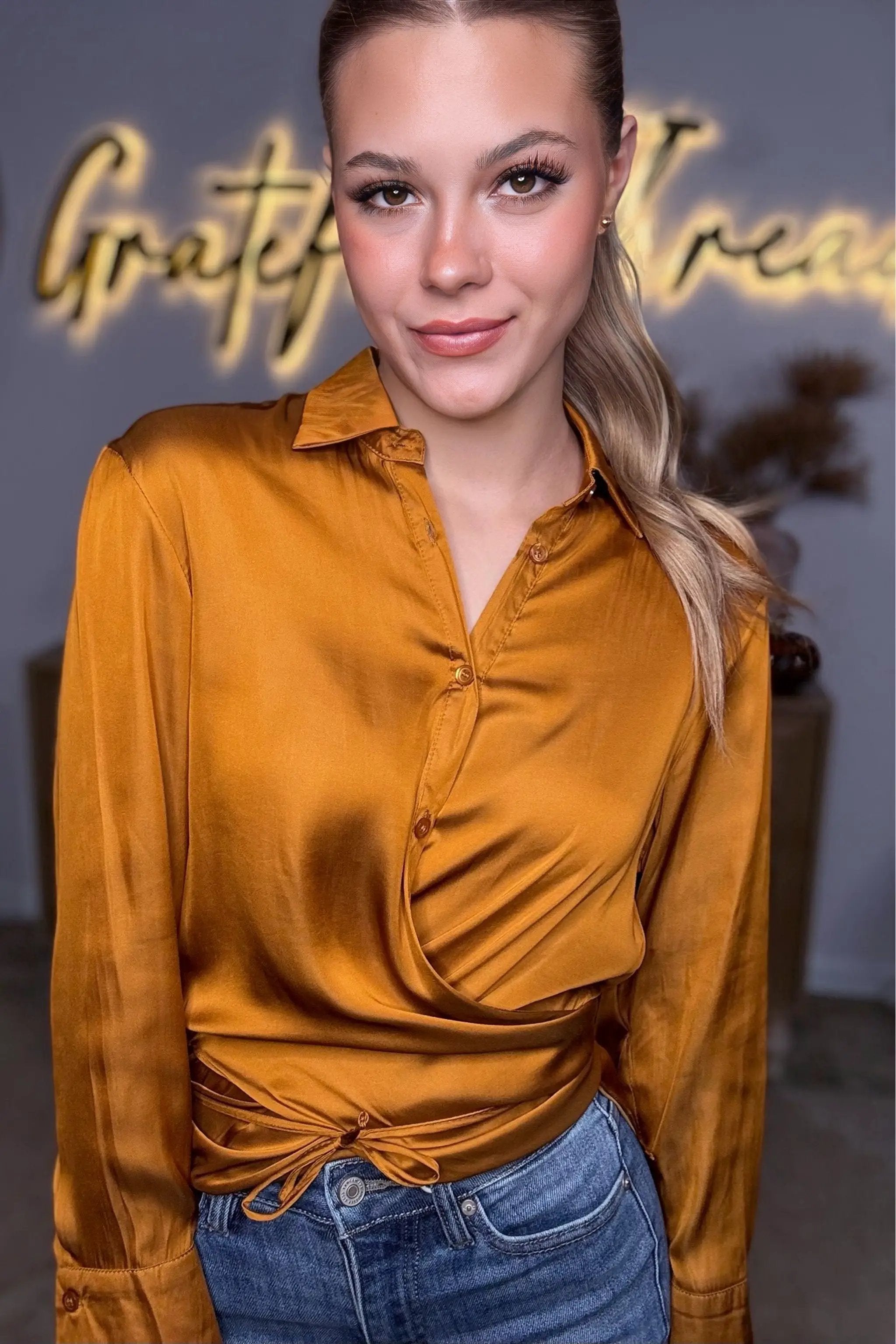 Mustard Seed Golden Hour Satin Wrap Blouse - Blouses