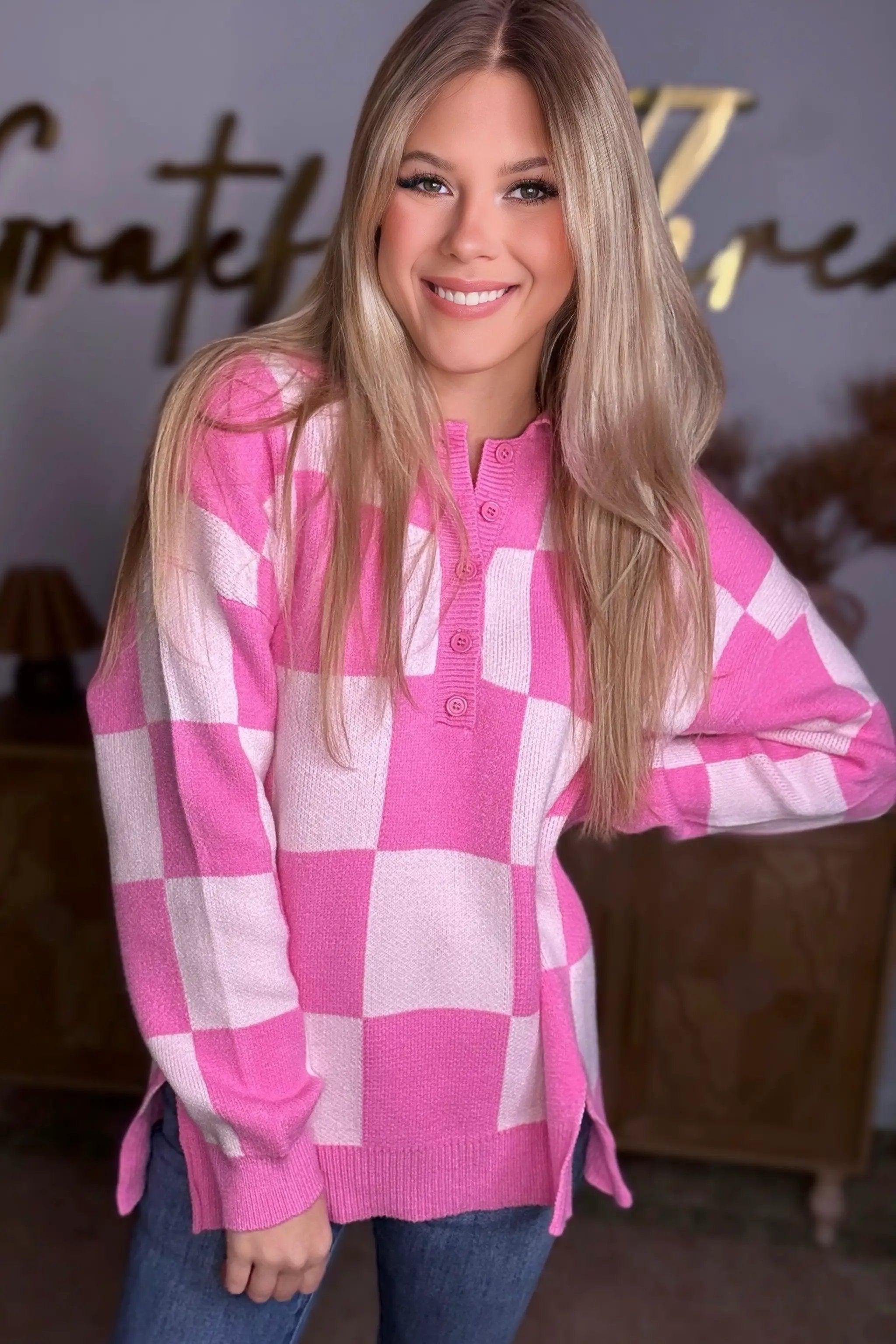 Grateful Threads Boutique Pink Checkerboard Half Button Collared Drop Shoulder Sweater - Sweaters Pink Checkerboard Half Button Collared Drop Shoulder Sweater
