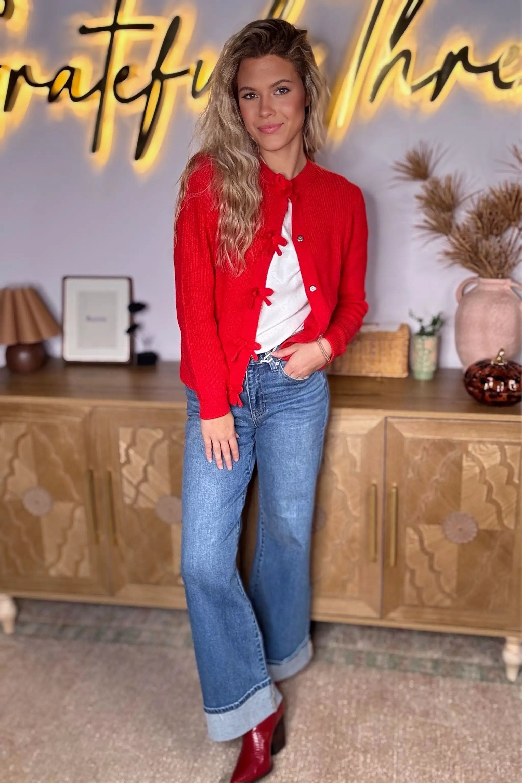Grateful Threads Boutique Fiery Red Knit Bow Cardigan - Sweaters