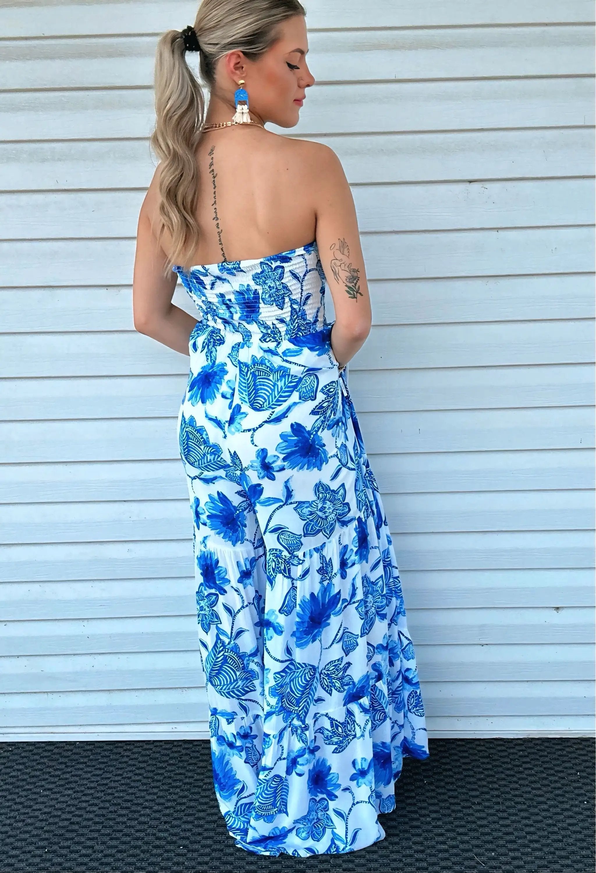 Promesa USA Cream & Blue Floral Crepe Strapless Wide-Leg Ruffle Jumpsuit - One-Pieces Promesa USA Cream & Blue Floral Crepe Strapless Wide-Leg Ruffle Jumpsuit