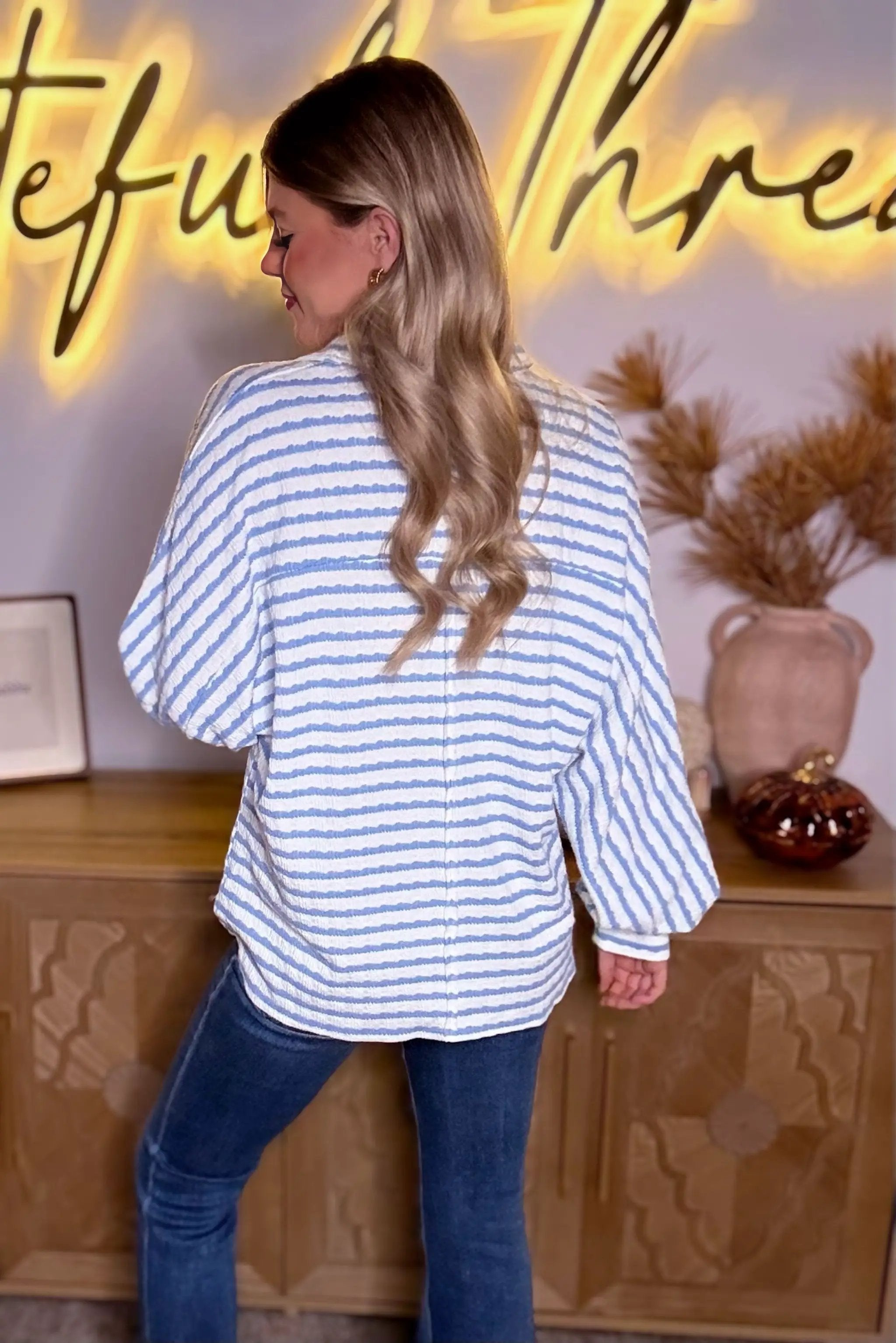 Grateful Threads Boutique Sky Blue Stripe Half Button Collared Chest Pockets Loose Fit Blouse - Blouses Sky Blue Stripe Half Button Collared Chest Pockets Loose Fit Blouse