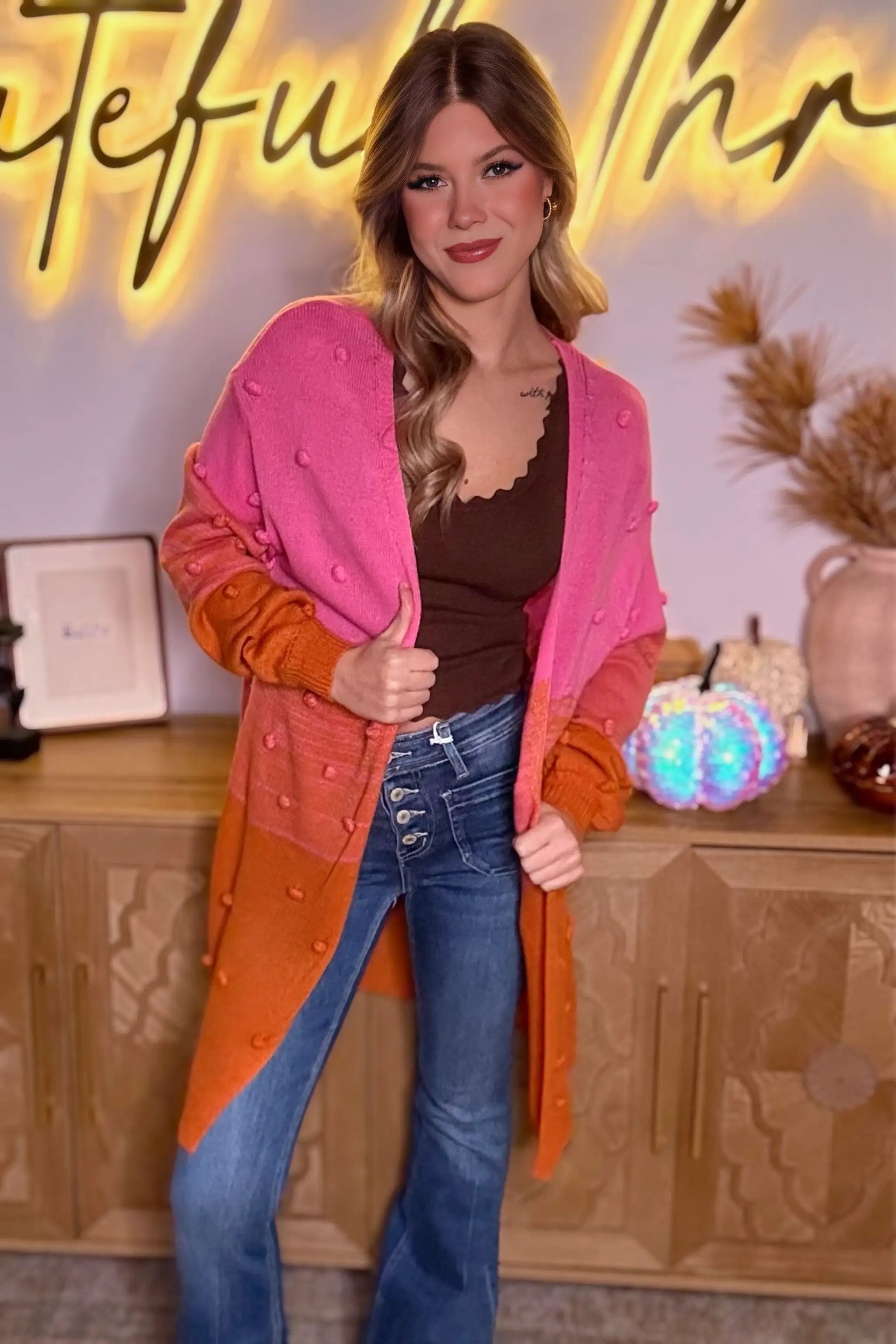 Grateful Threads Boutique Sunset Color Block Pom Pom Open Front Cardigan Sweater - Cardigans Multicolor Pompom Color Block Open Front Cardigan