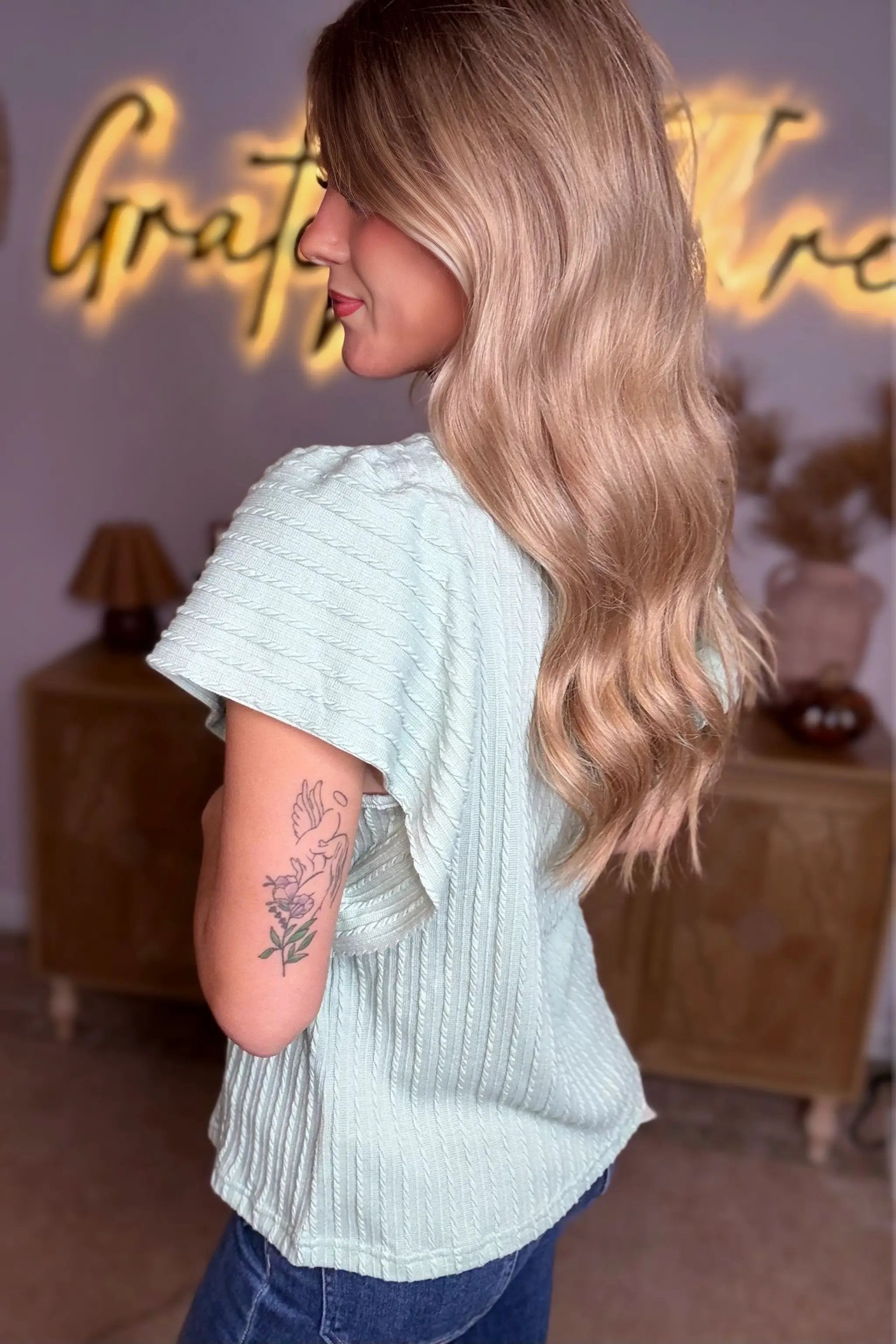 Grateful Threads Boutique Moonlight Jade Solid Color Textured Flutter Sleeve Top - Blouses Moonlight Jade Solid Color Textured Flutter Sleeve Top