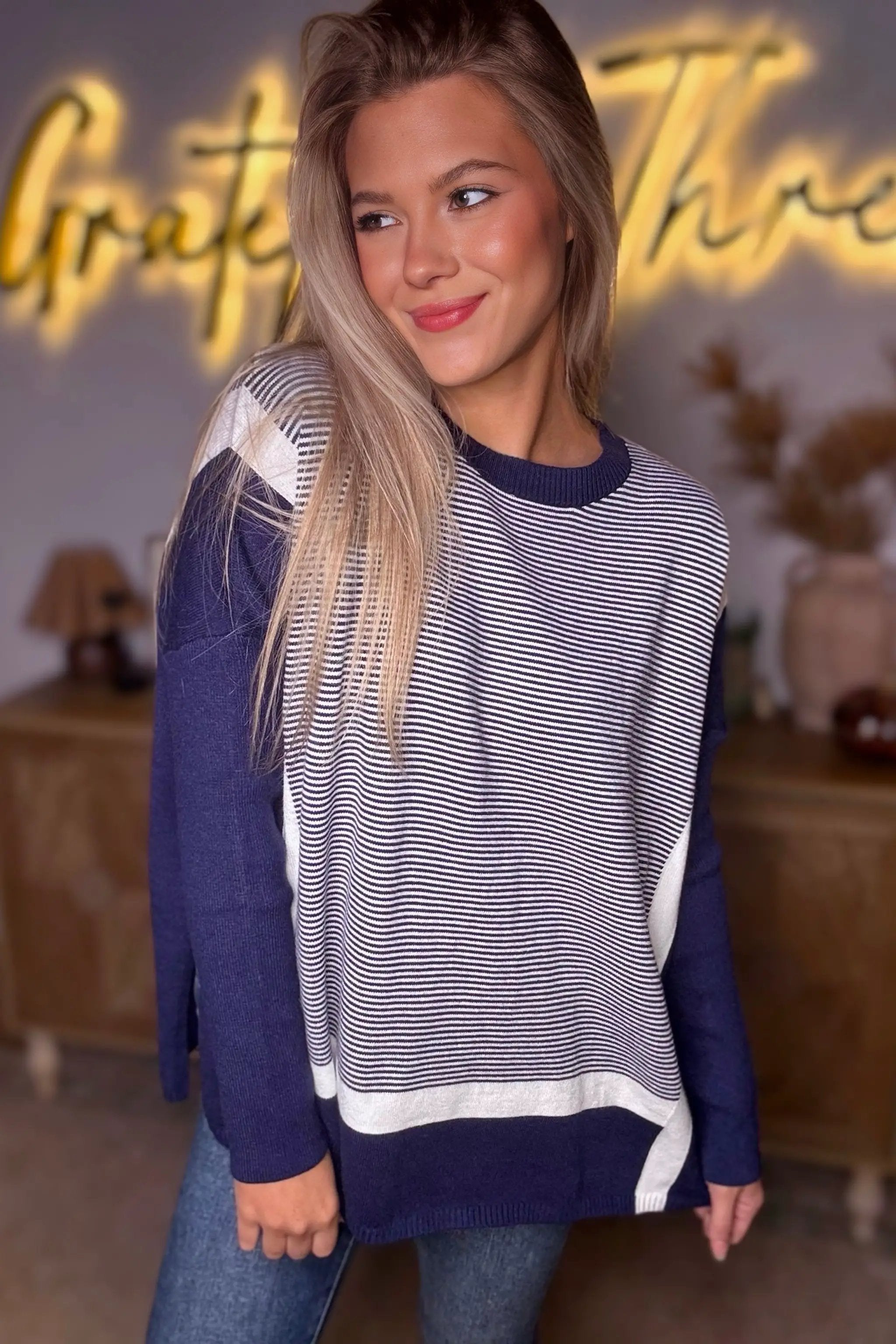 Grateful Threads Boutique Blue Stripe Color Block Patchwork Dolman Oversize Tunic Sweater - Tunics Blue Stripe Color Block Patchwork Dolman Oversize Tunic Sweater