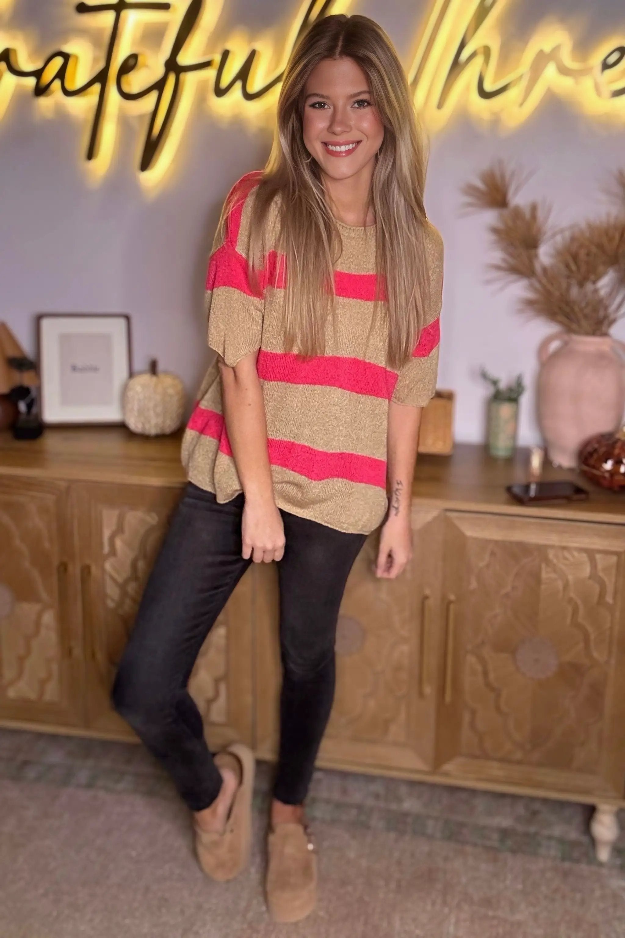 Grateful Threads Boutique Pink Stripe Colorblock Short Sleeve Crew Neck Lightweight Sweater - Sweaters Pink Stripe Colorblock Short Sleeve Crew Neck Lightweight Sweater