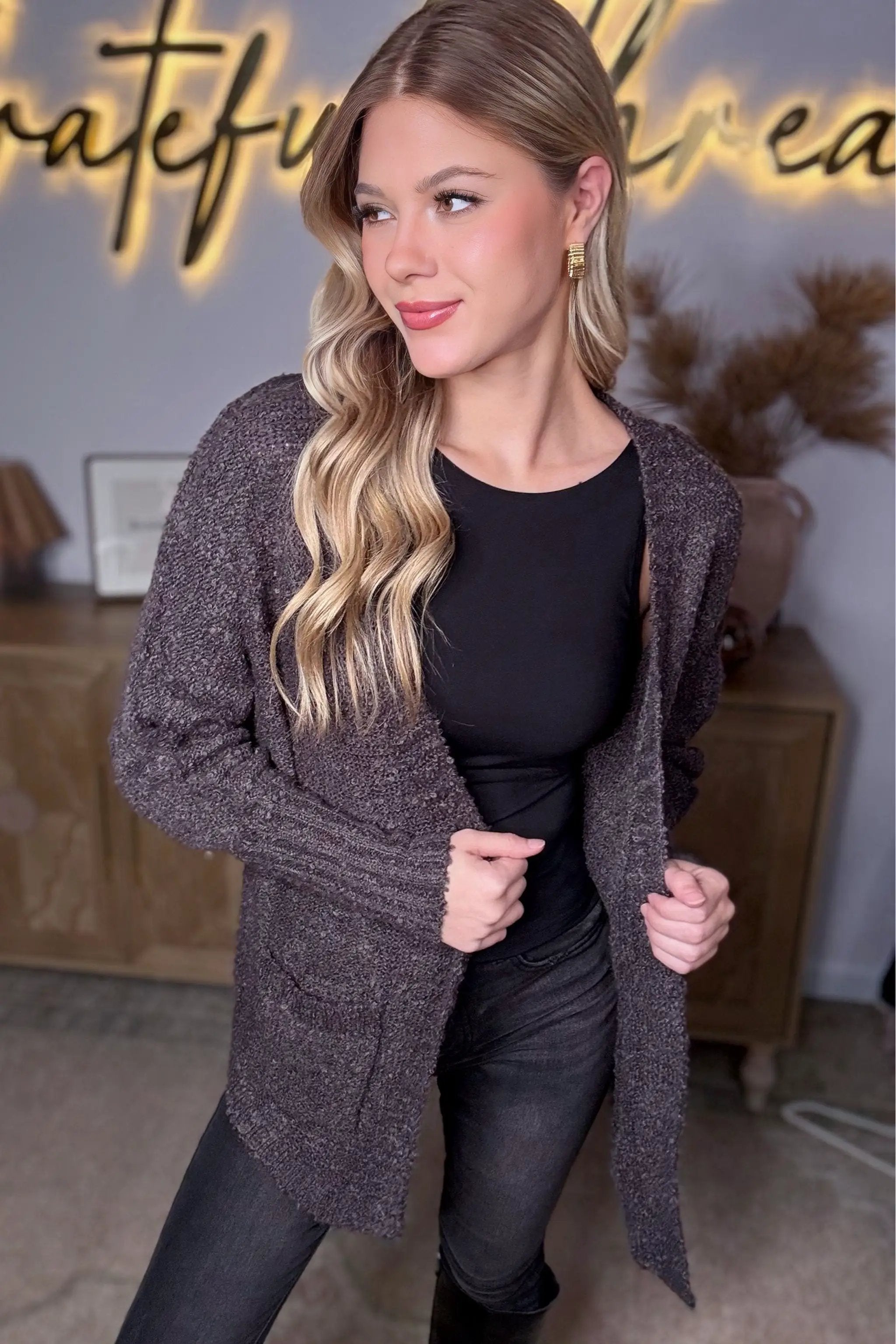 New In Knit Textured Two Pocket Open Front Cardigan - Cardigans