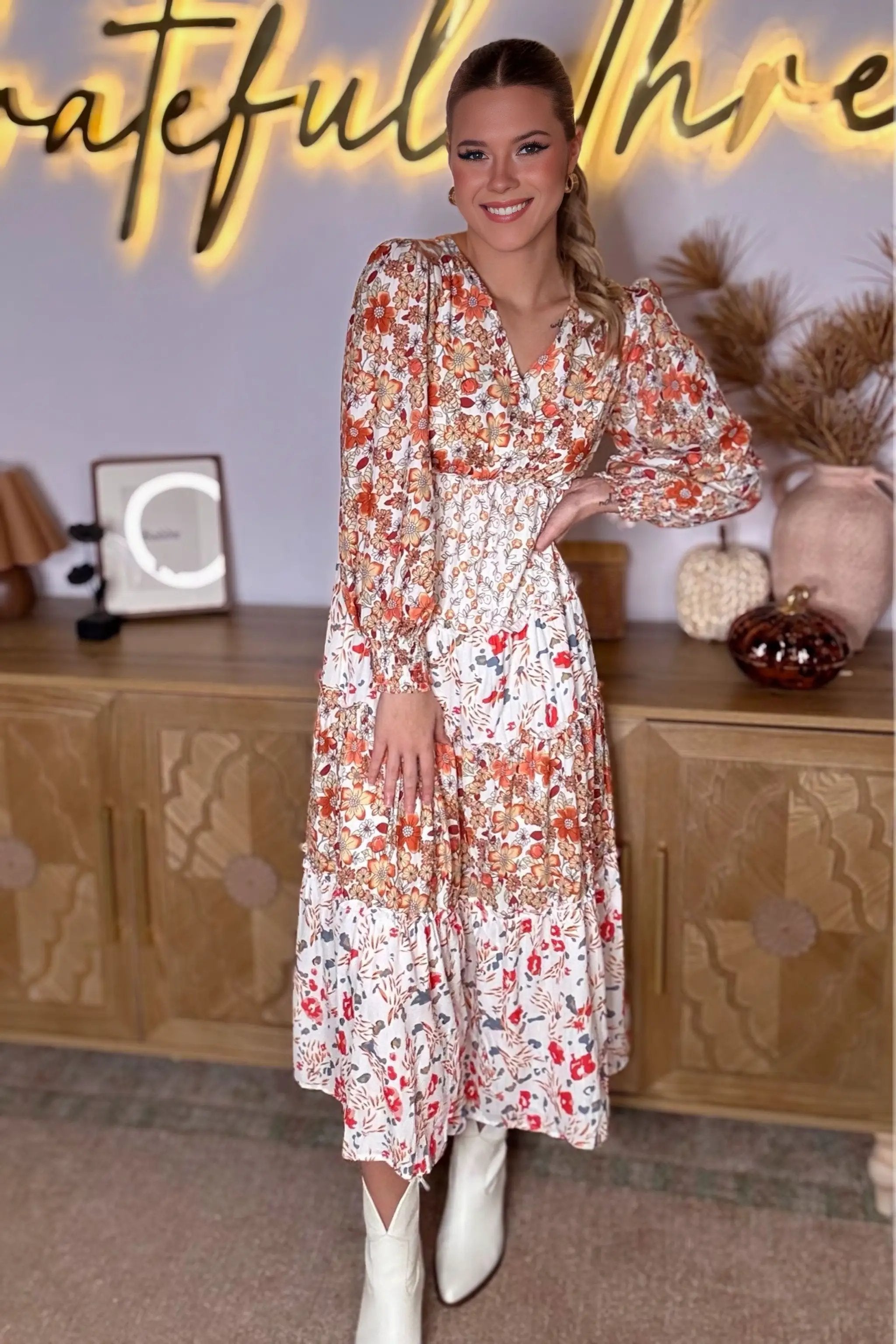 Grateful Threads Boutique The Pumpkin Patch Dress – Khaki Floral Tiered Midi for Fall Fun - Dresses