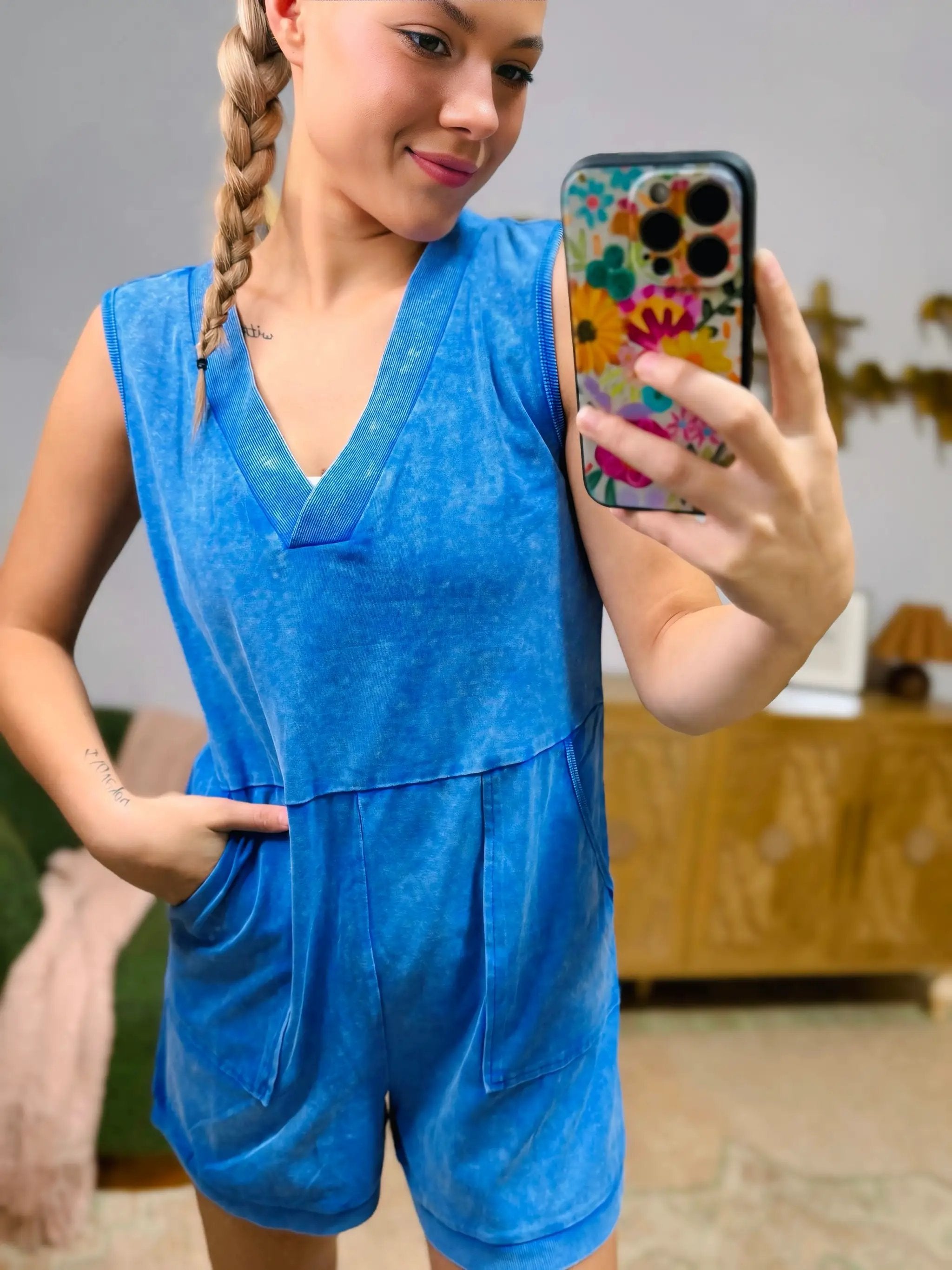 Grateful Threads Boutique Sky Blue Mineral Wash Sleeveless Pocket Romper – Easygoing Chic - One-Pieces Sky Blue Mineral Wash Pocketed Sleeveless V Neck Loose Romper