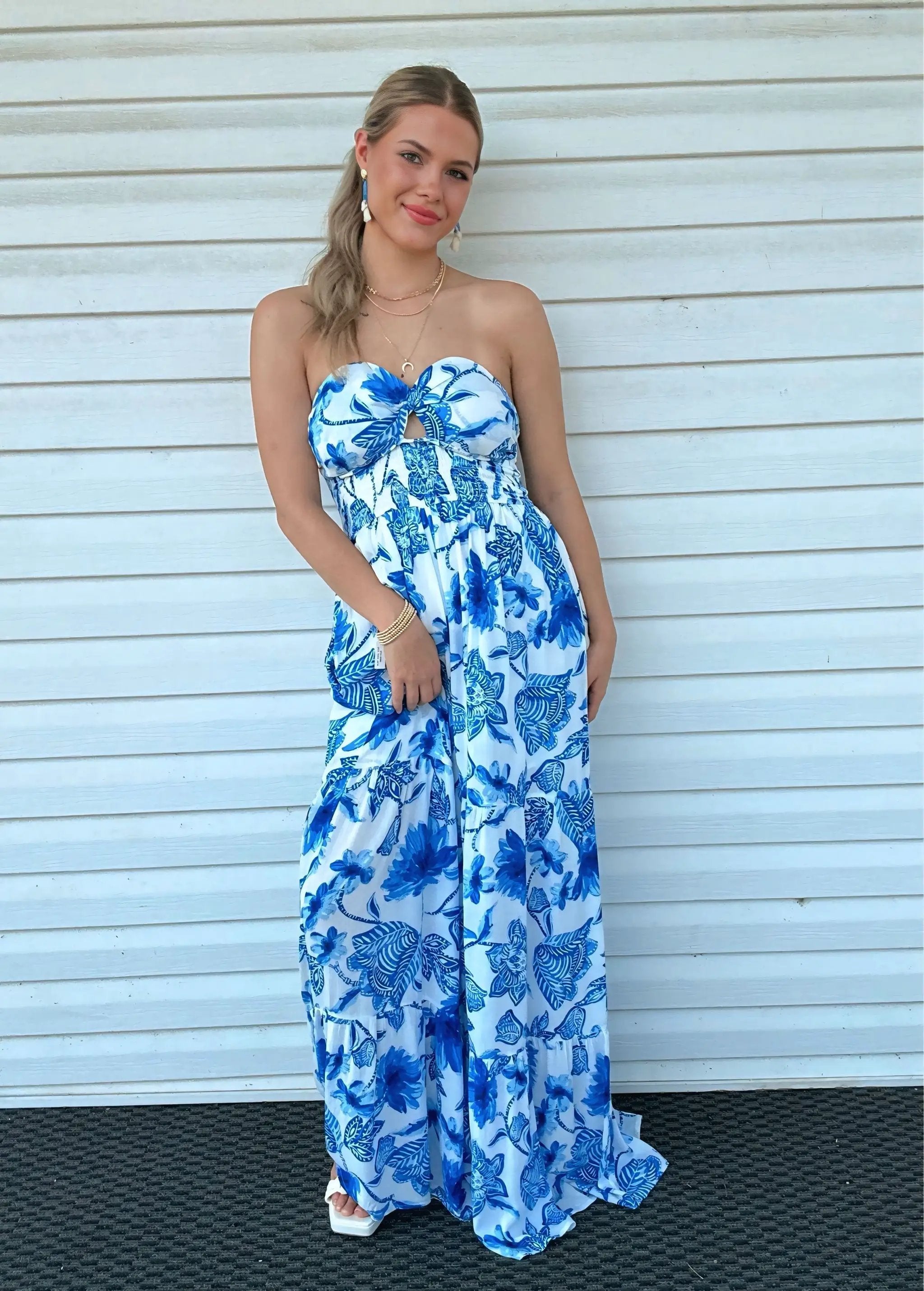 Promesa USA Cream & Blue Floral Crepe Strapless Wide-Leg Ruffle Jumpsuit - One-Pieces Promesa USA Cream & Blue Floral Crepe Strapless Wide-Leg Ruffle Jumpsuit