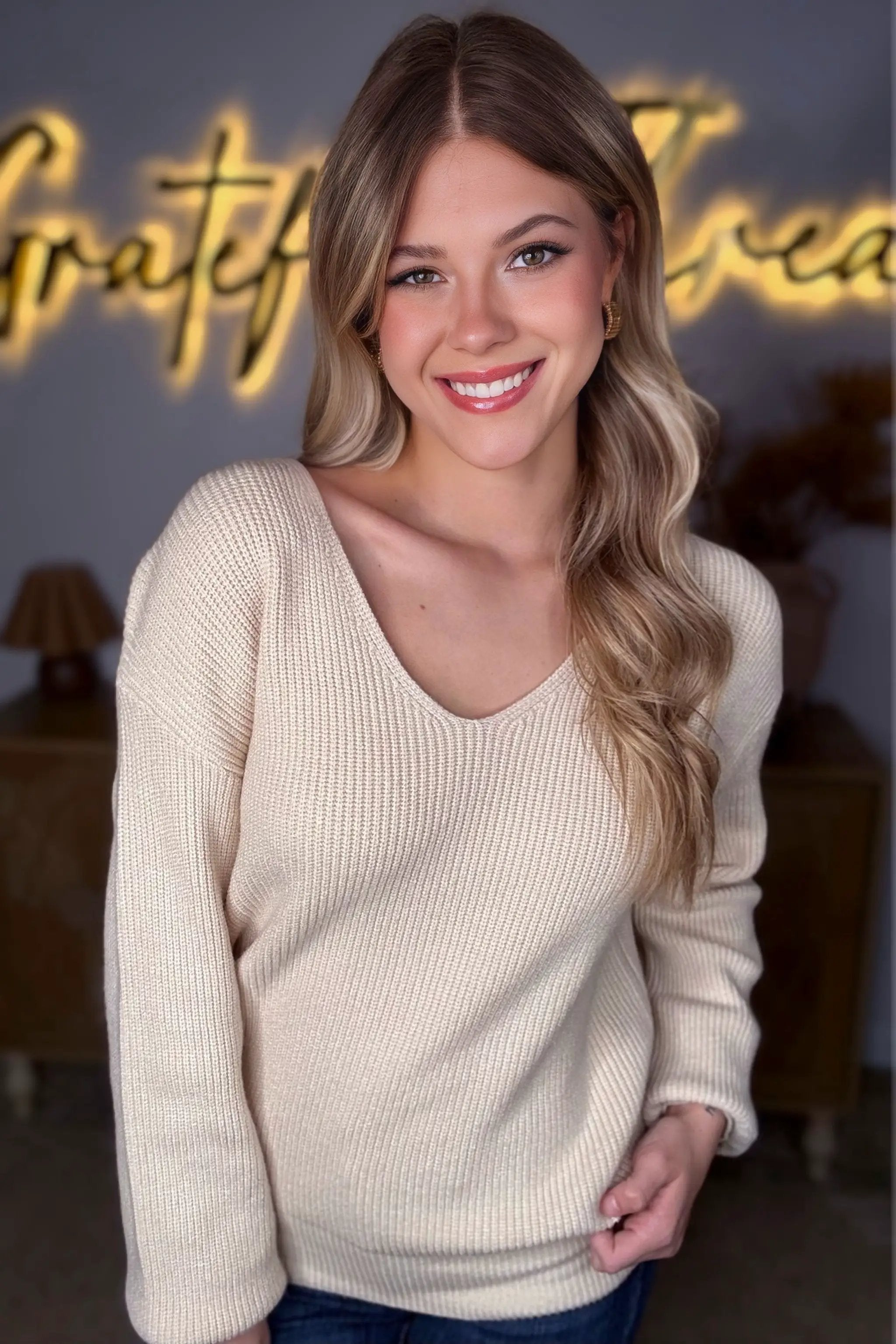Grateful Threads Boutique Apricot Lantern V-Neck Knot Back Sweater - Sweaters