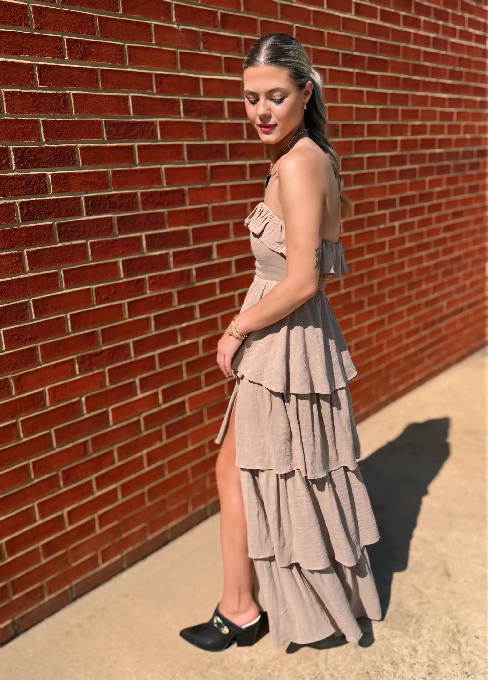 Promesa USA Sand Textured Cotton Strapless Tiered Ruffle Maxi Dress - Dresses Promesa USA Sand Textured Cotton Strapless Tiered Ruffle Maxi Dress