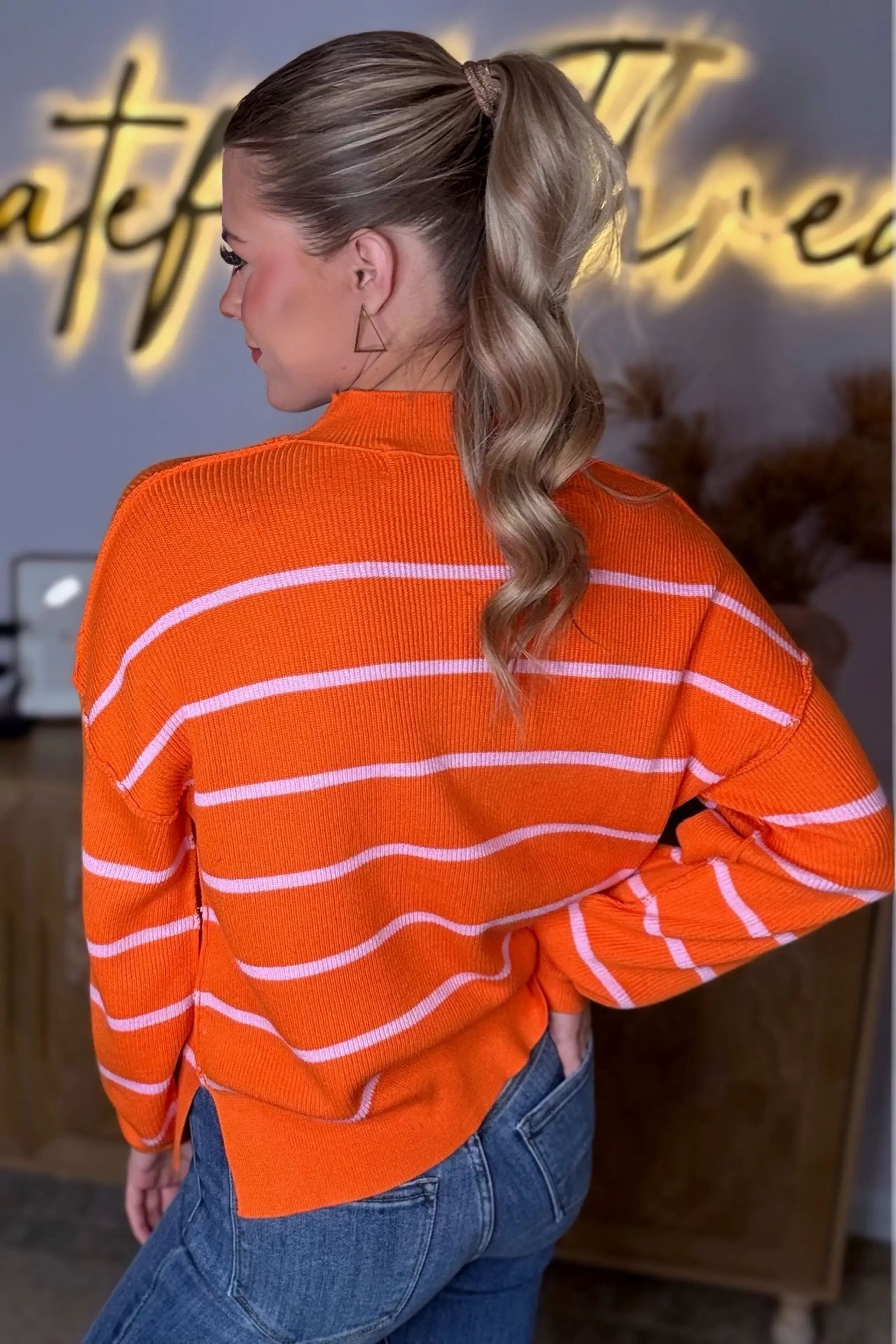 Grateful Threads Boutique Orange Stripe Ribbed High Neck Drop Shoulder Loose Sweater - Sweaters Orange Stripe Ribbed High Neck Drop Shoulder Loose Sweater
