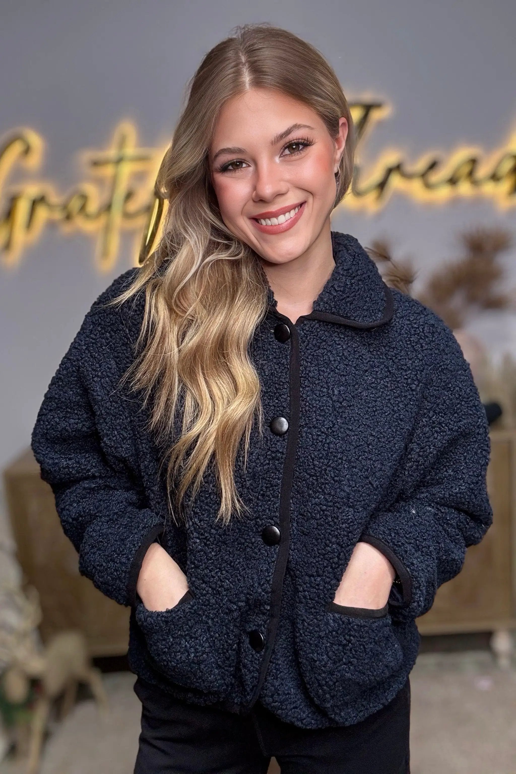 Le Lis Navy Snuggle Sherpa Jacket - Coats & Jackets