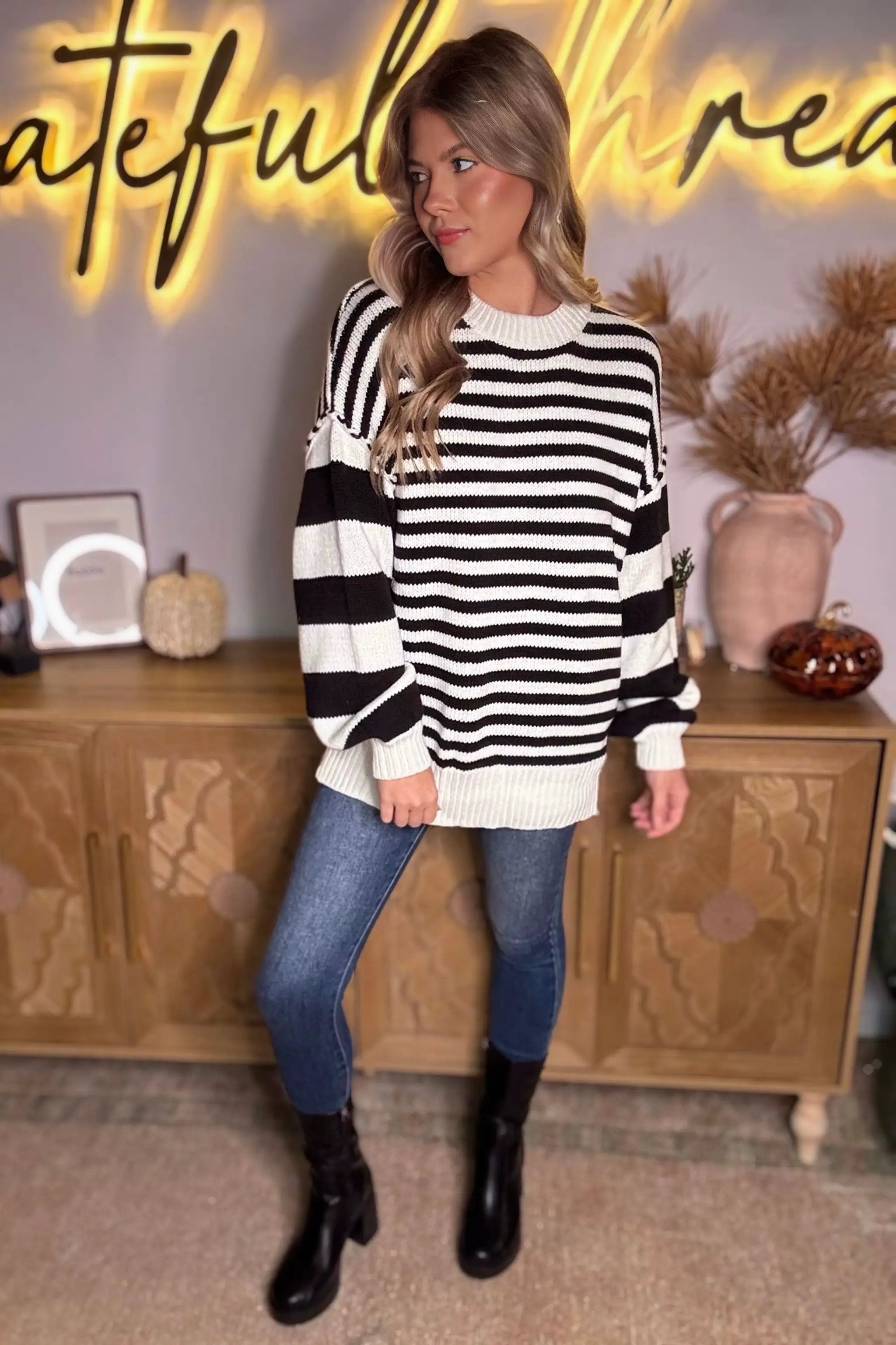 Grateful Threads Boutique Black white Striped Drop Shoulder Bishop Sleeve Knit Sweater - Sweaters Black white Striped Drop Shoulder Bishop Sleeve Knit Sweater
