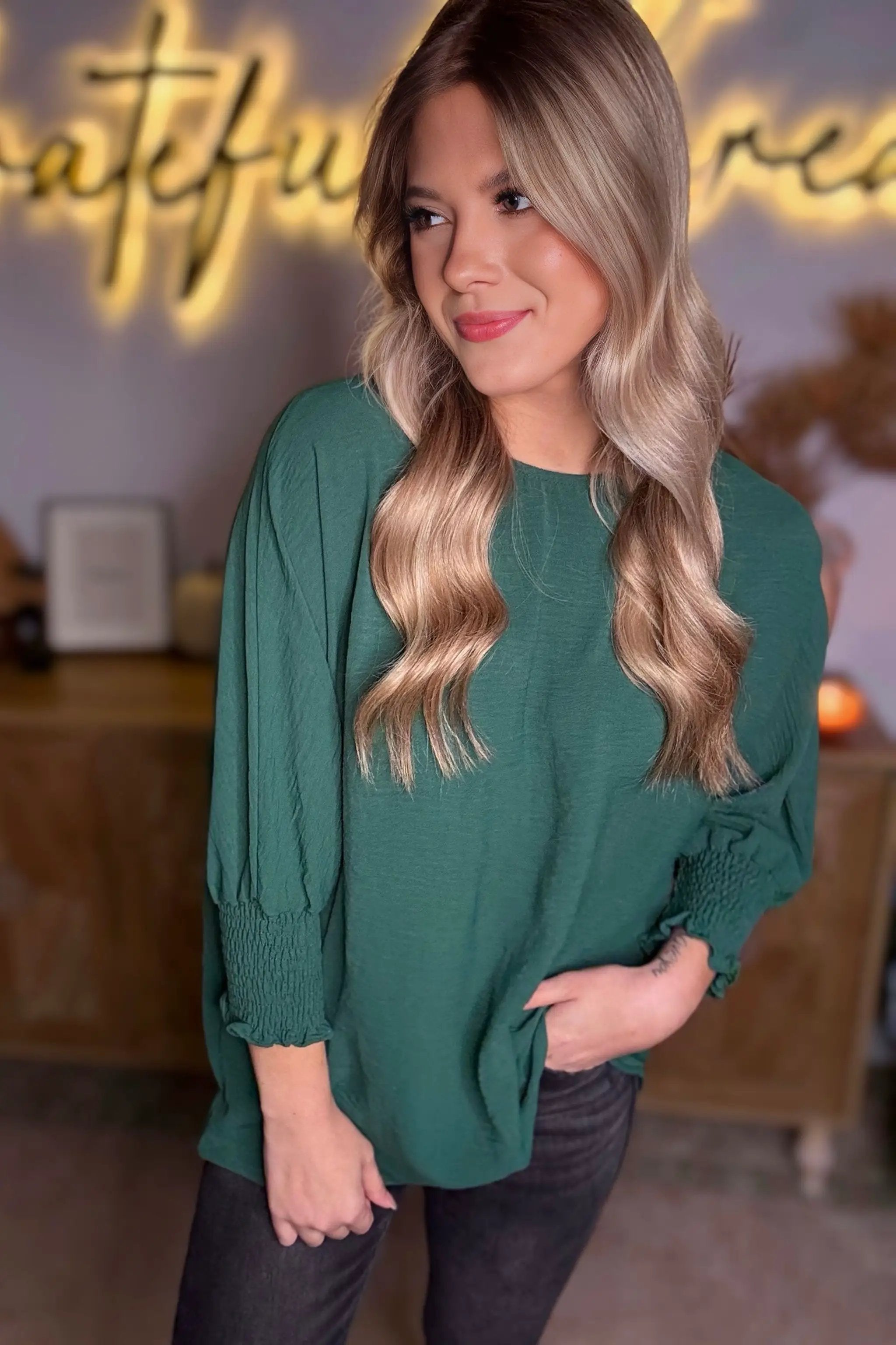 Grateful Threads Boutique Emerald Ease Smocked Cuff Blouse - Blouses Green Smocked Wrist Shift Top