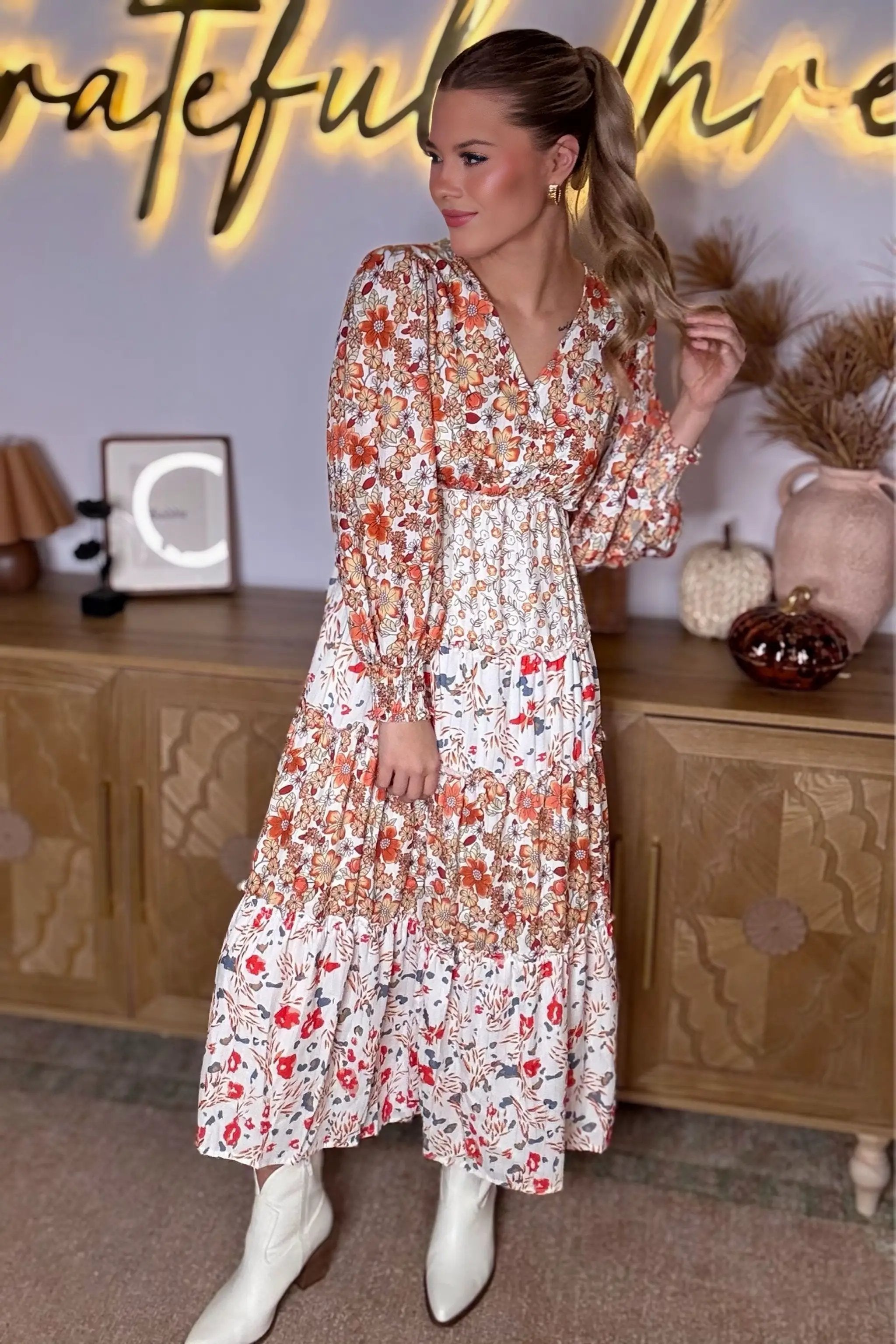 Grateful Threads Boutique The Pumpkin Patch Dress – Khaki Floral Tiered Midi for Fall Fun - Dresses