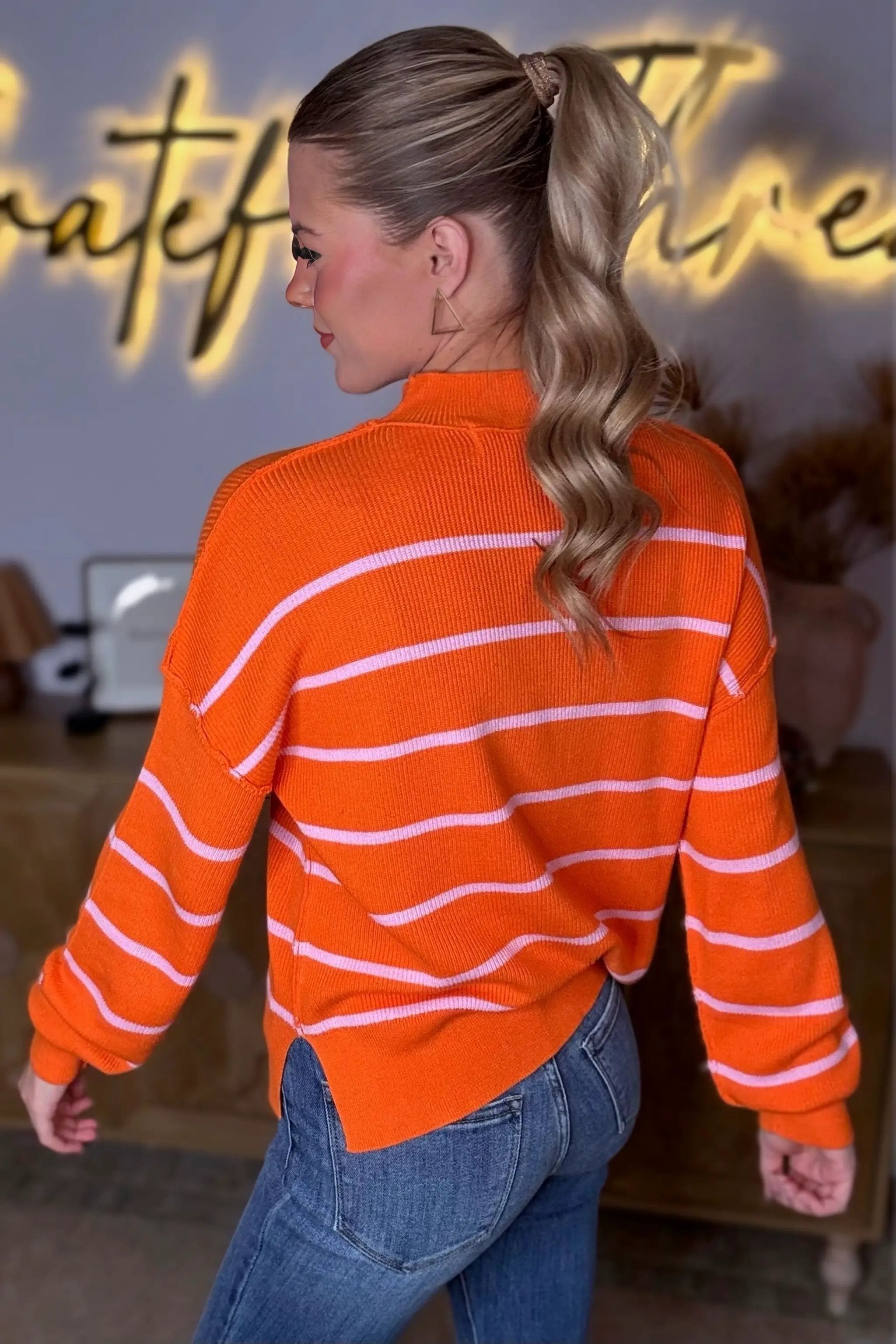 Grateful Threads Boutique Orange Stripe Ribbed High Neck Drop Shoulder Loose Sweater - Sweaters Orange Stripe Ribbed High Neck Drop Shoulder Loose Sweater