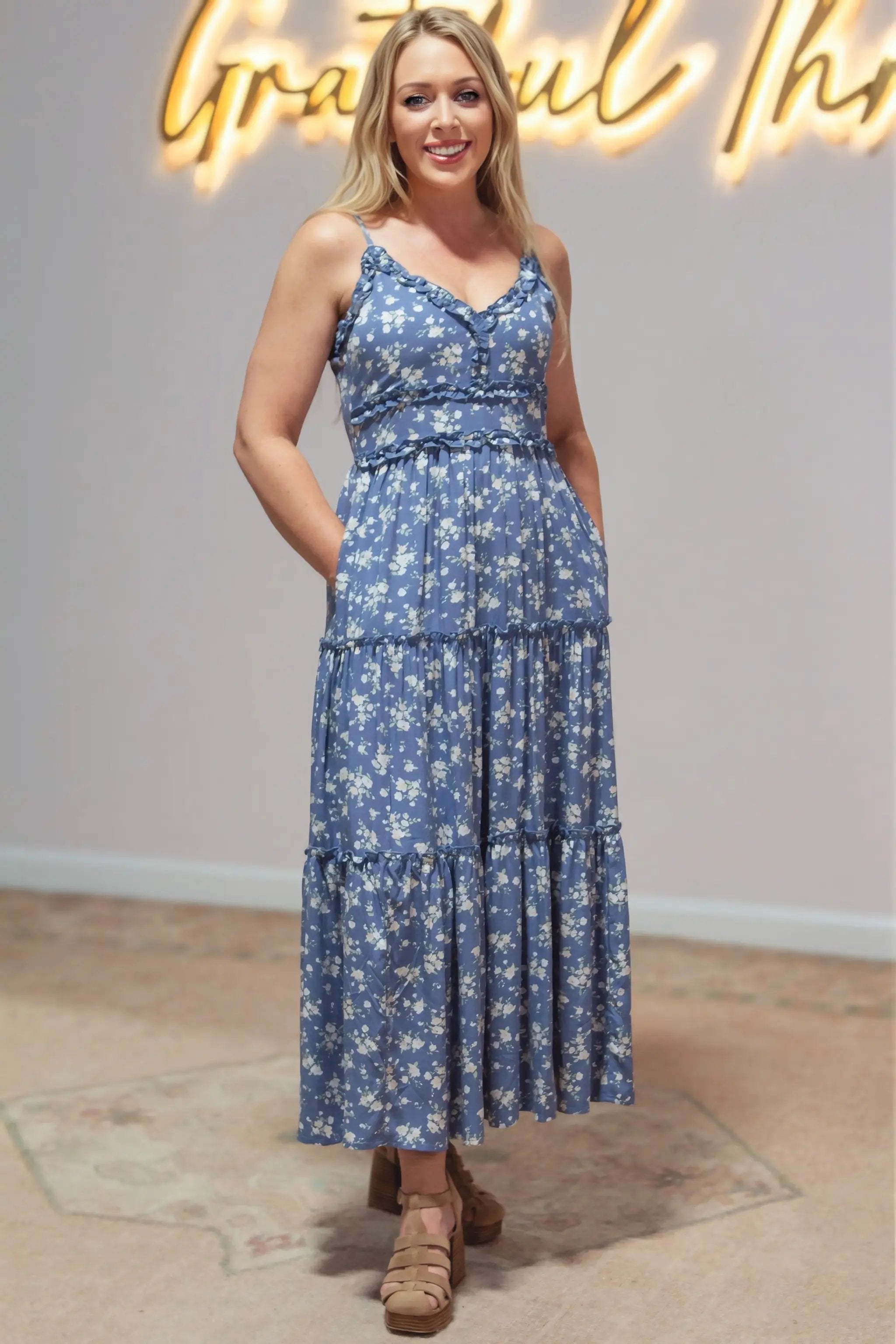 Grateful Threads Boutique Blue Floral Spaghetti Strap Frilled V-Neck Tiered Midi Dress - Dresses Blue Floral Spaghetti Strap Frilled V Neck Tiered Midi Dress